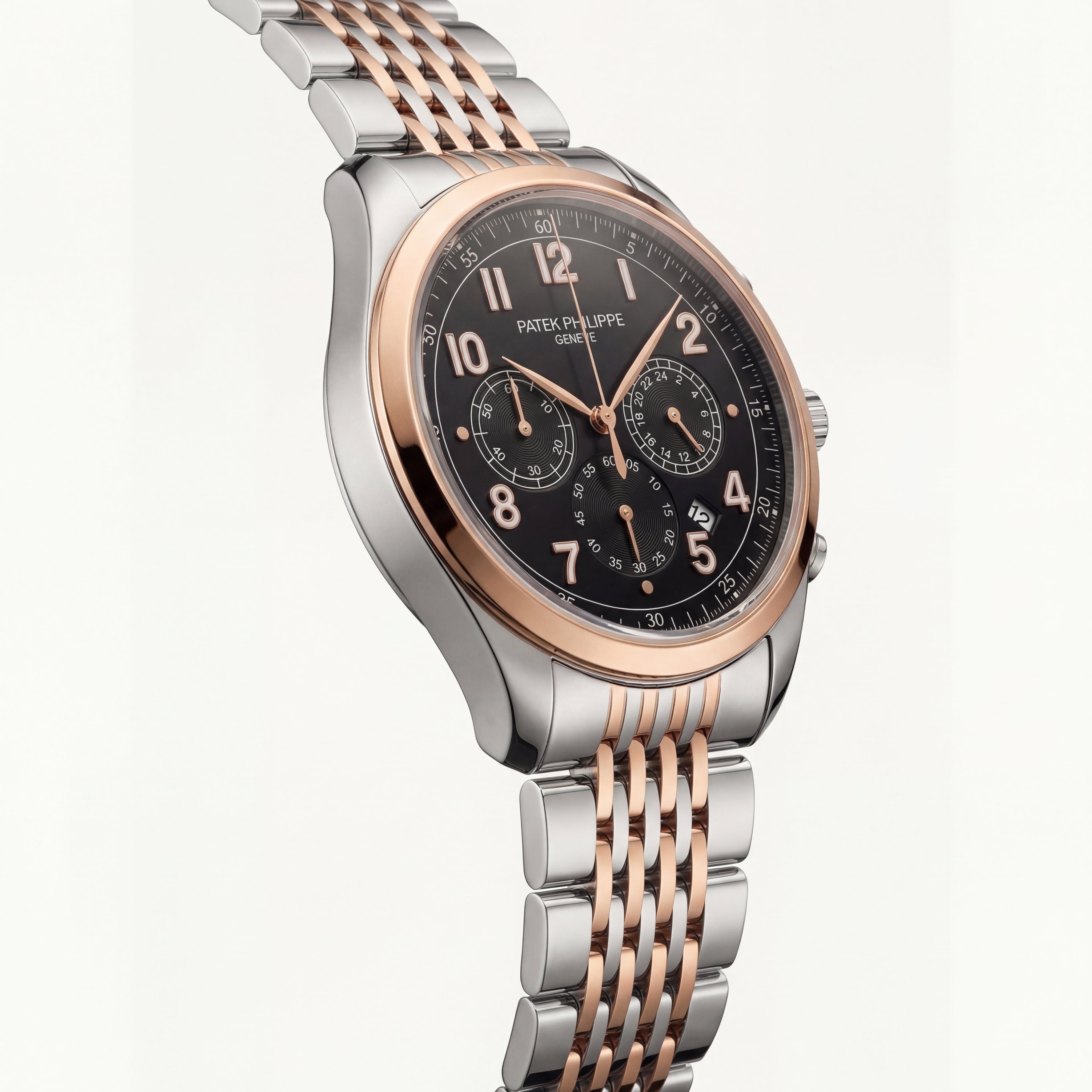 Luxury Two-Tone Stainless Steel Chronograph Watch Rose Gold Bezel Black Dial Arabic Numerals Multi-Subdial Date Display – Men