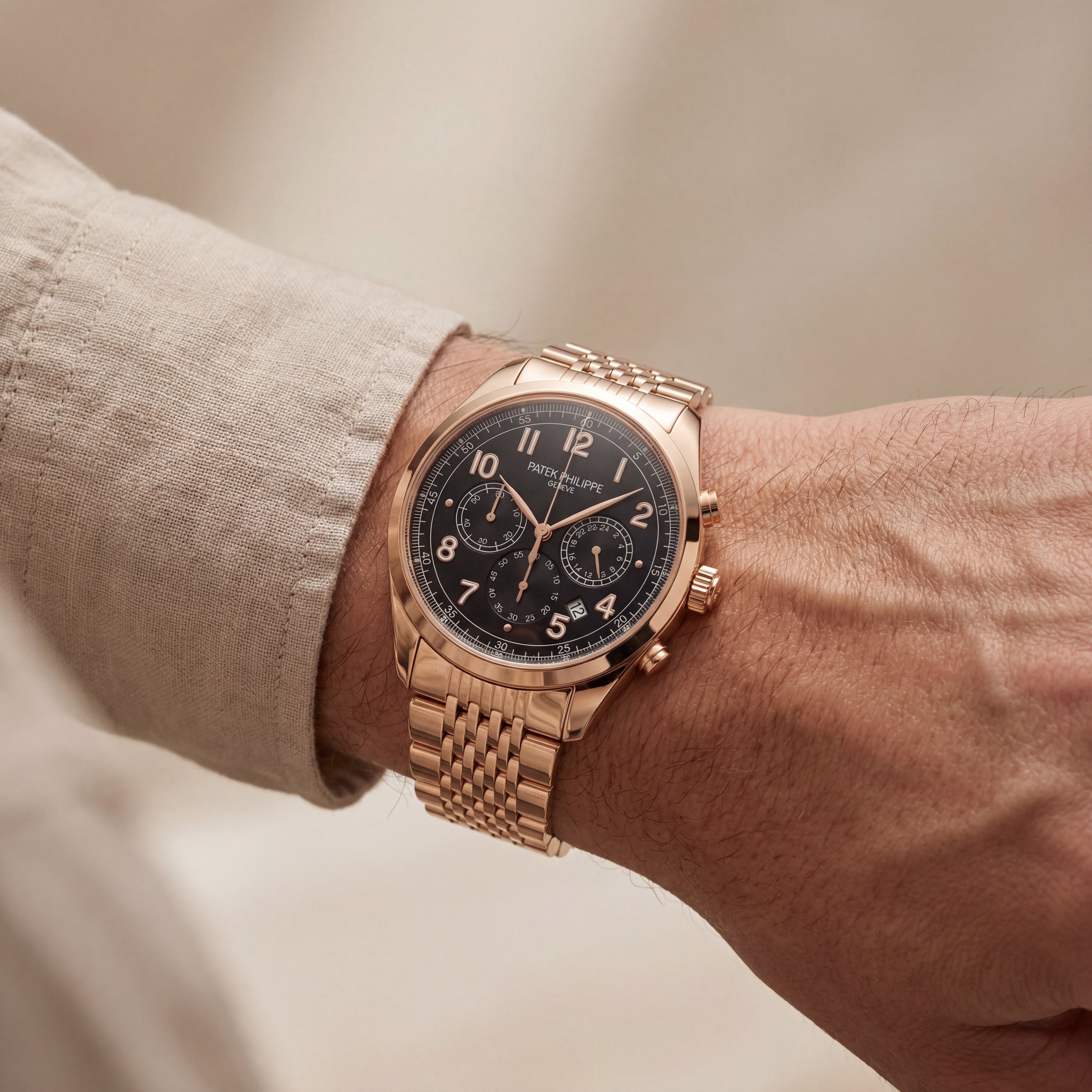Luxury Rose Gold Stainless Steel Chronograph Watch Black Dial Arabic Numerals Multi-Subdial Date Display – Men
