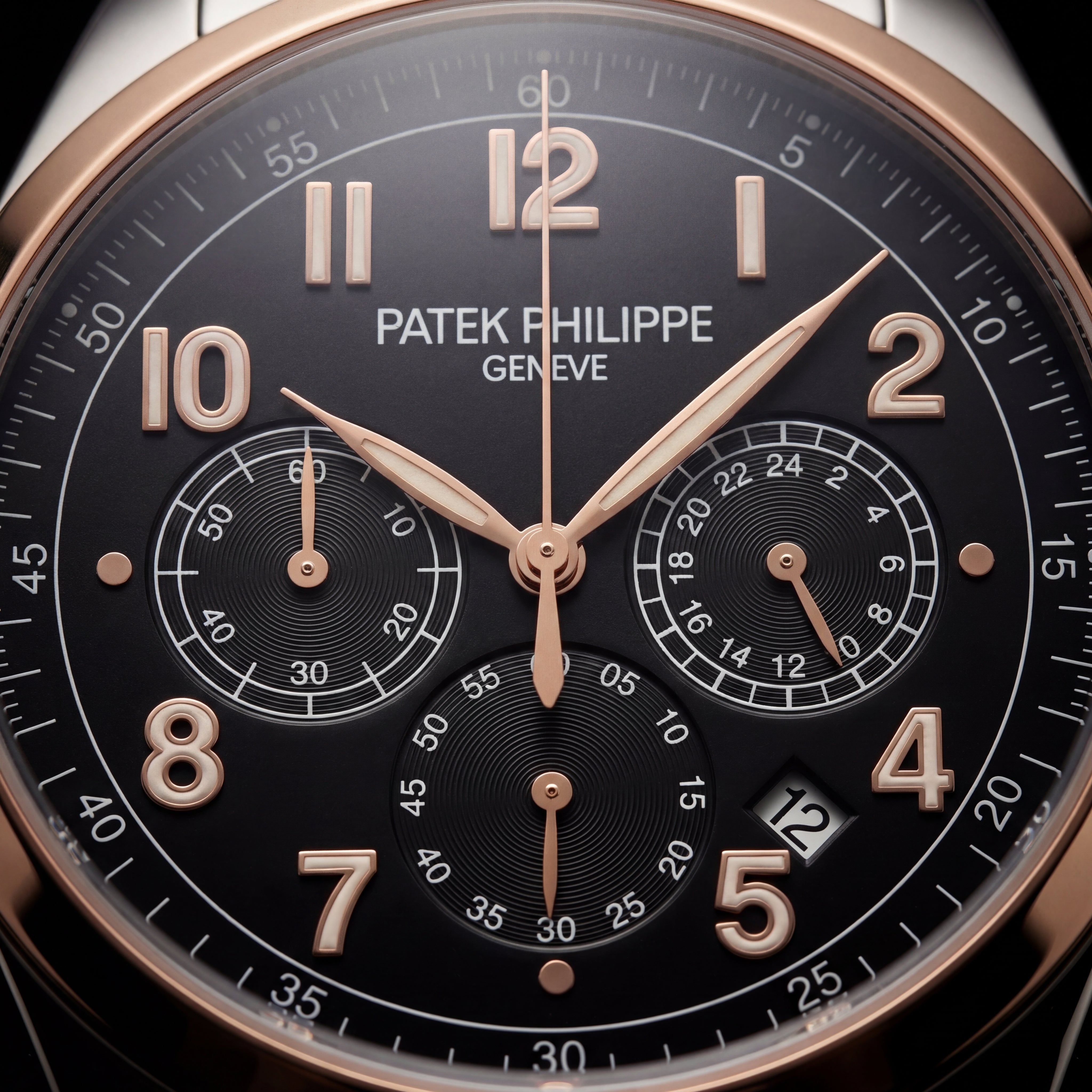 Luxury Two-Tone Stainless Steel Chronograph Watch Rose Gold Bezel Black Dial Arabic Numerals Multi-Subdial Date Display – Men