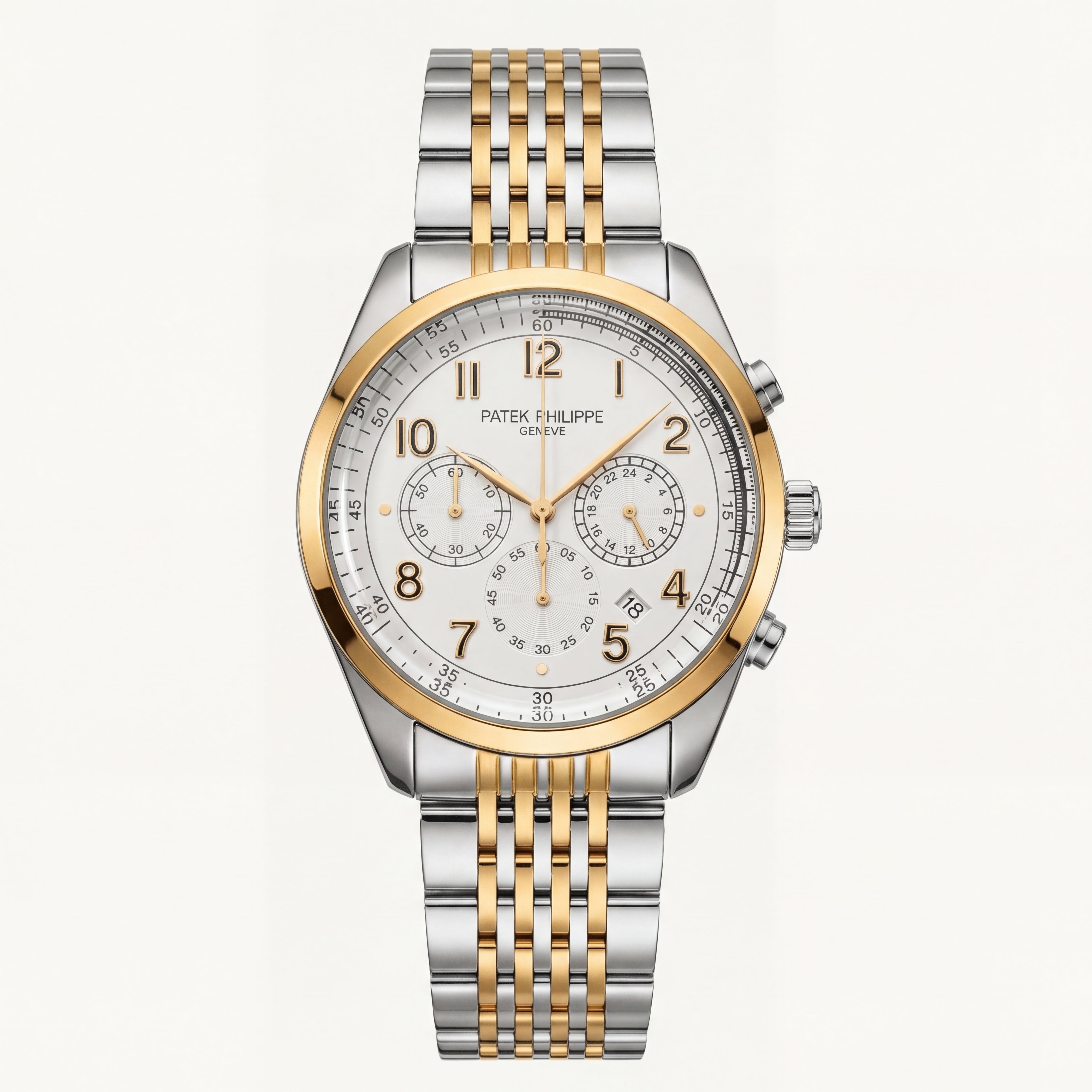 Luxury Two-Tone Stainless Steel Chronograph Watch Gold Bezel Silver Dial Arabic Numerals Multi-Subdial Date Display – Men