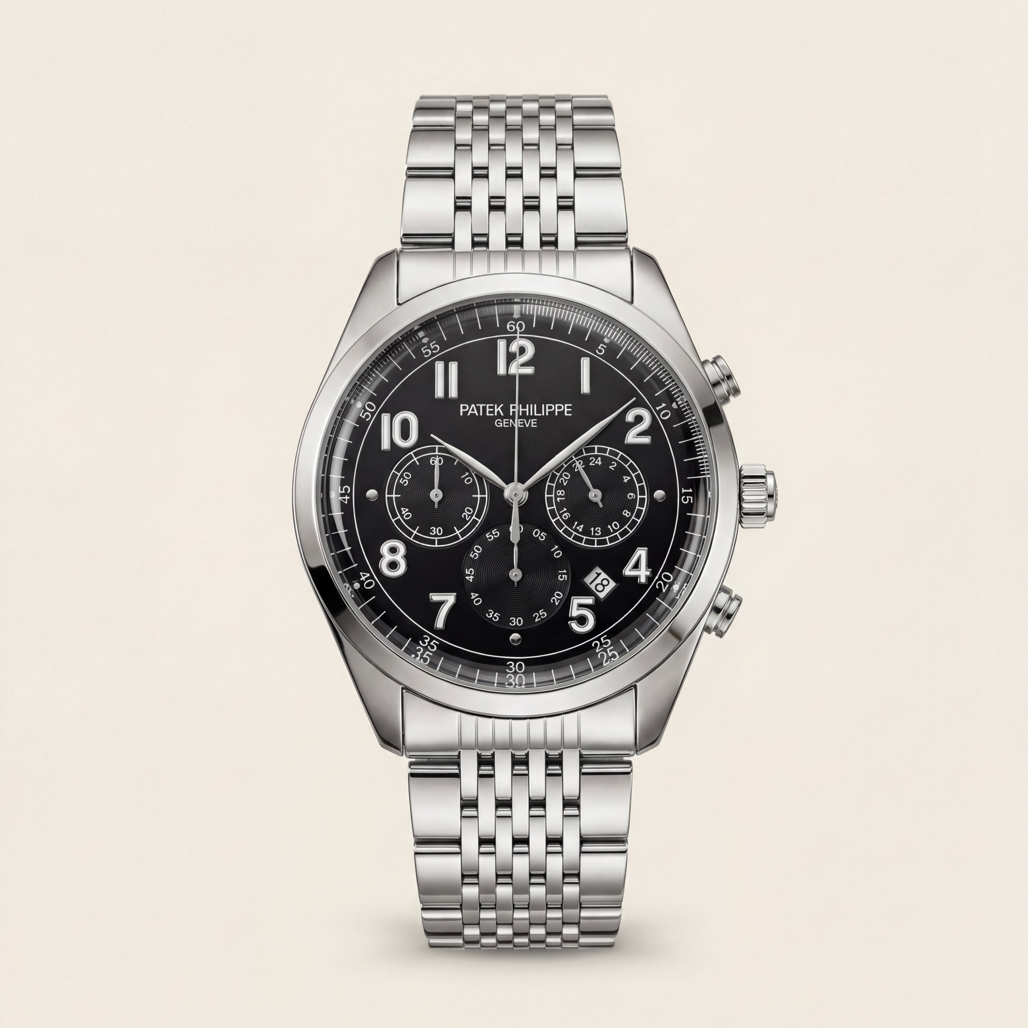 Luxury Silver Stainless Steel Chronograph Watch Black Dial Arabic Numerals Multi-Subdial Date Display – Men