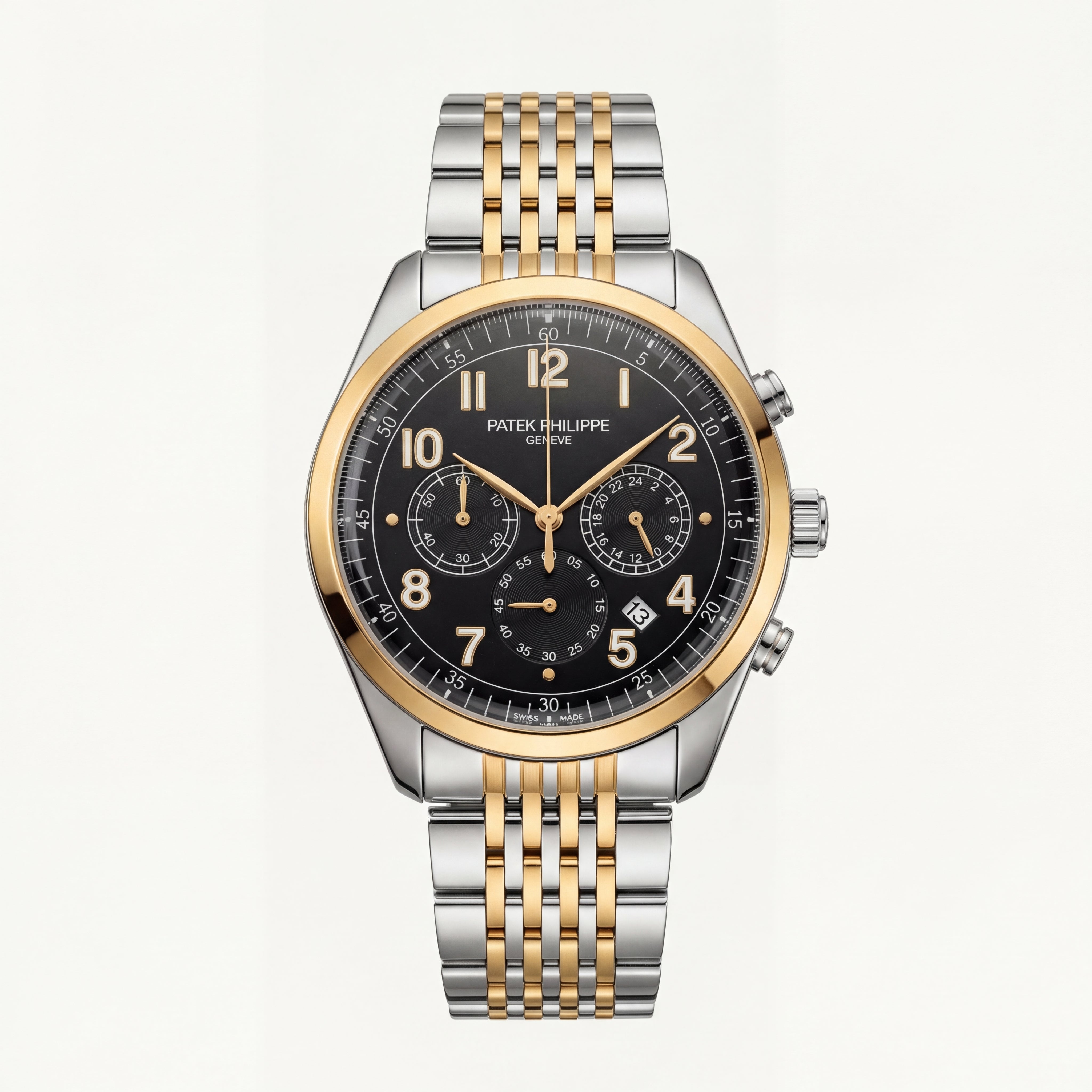 Luxury Two-Tone Stainless Steel Chronograph Watch Gold Bezel Black Dial Arabic Numerals Multi-Subdial Date Display – Men