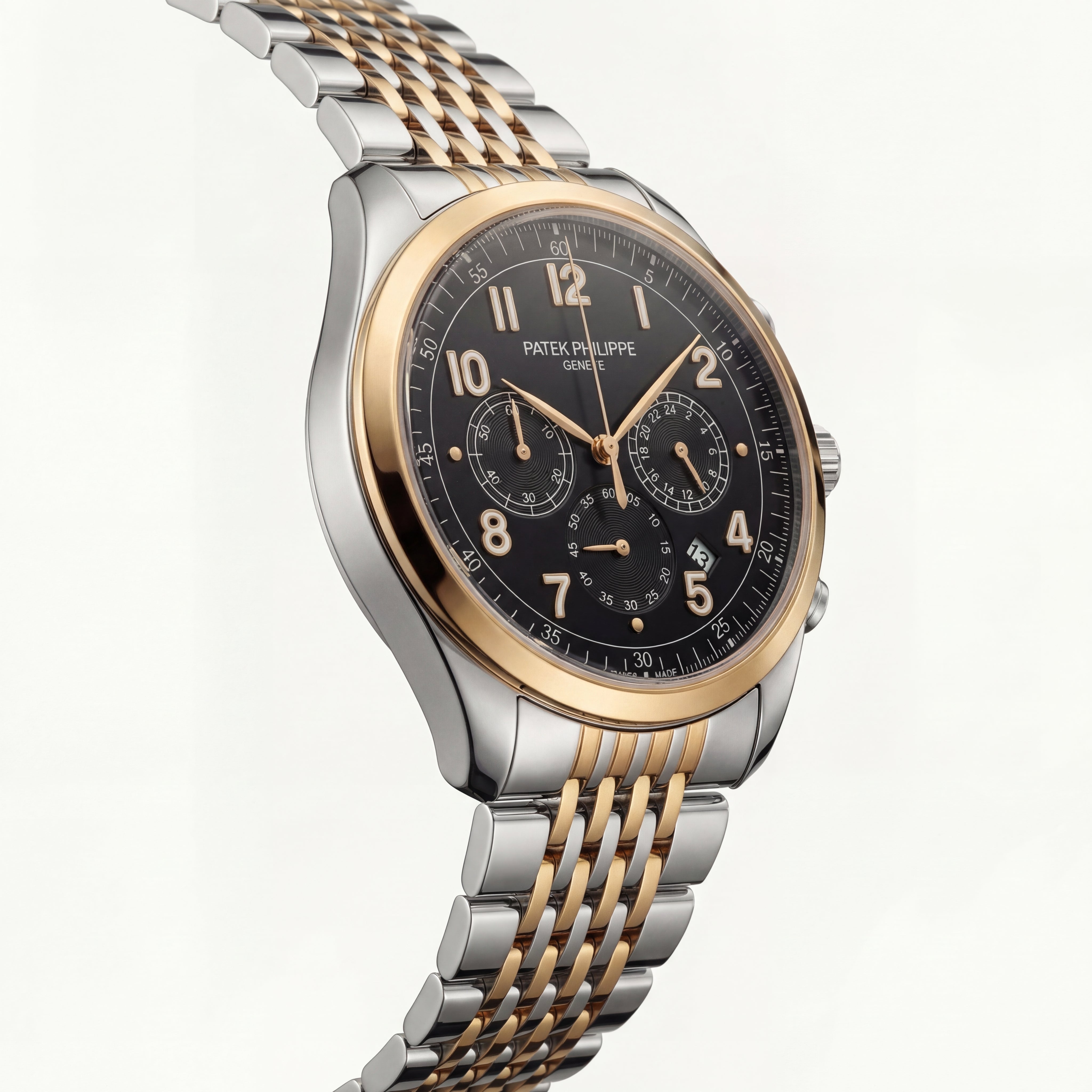 Luxury Two-Tone Stainless Steel Chronograph Watch Gold Bezel Black Dial Arabic Numerals Multi-Subdial Date Display – Men