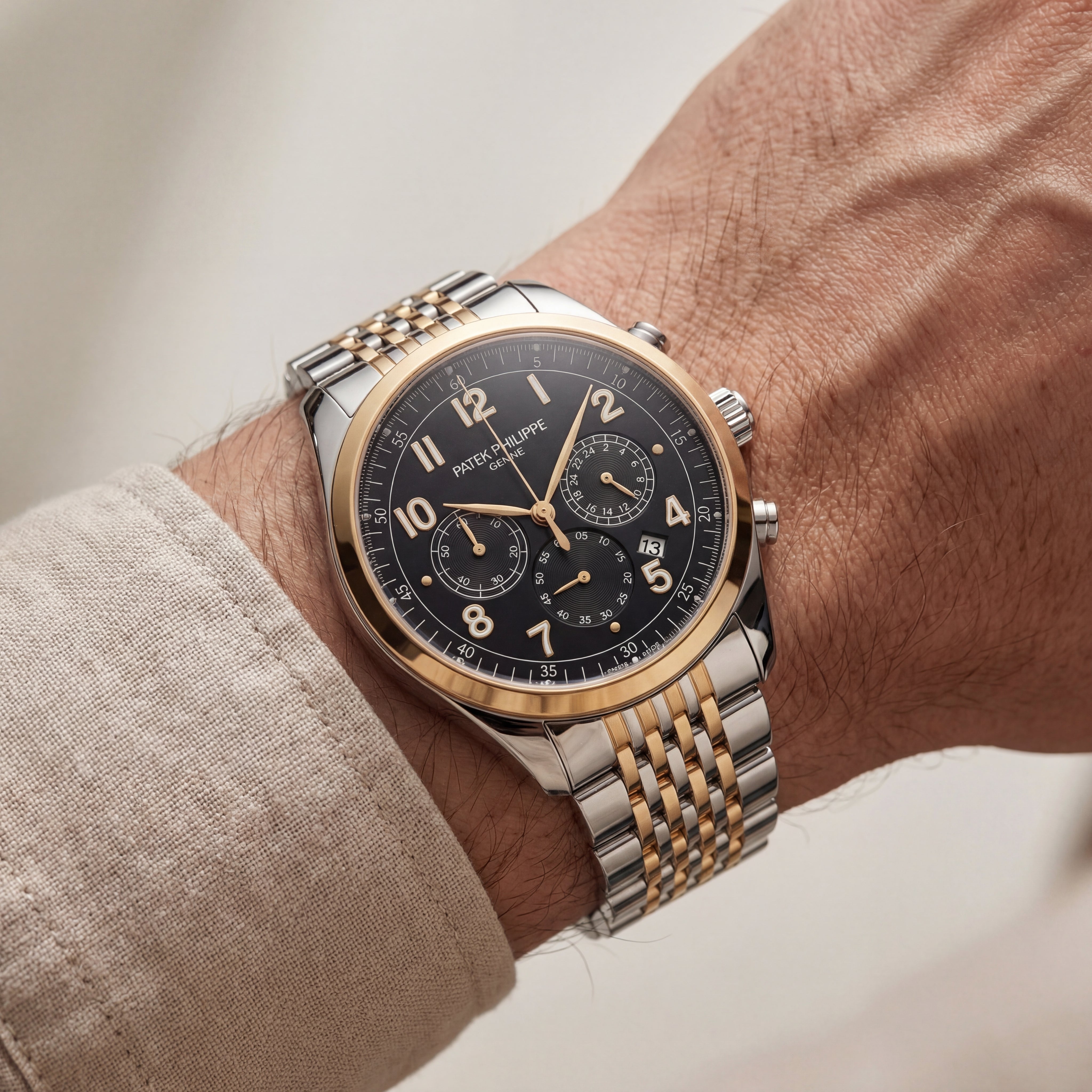 Luxury Two-Tone Stainless Steel Chronograph Watch Gold Bezel Black Dial Arabic Numerals Multi-Subdial Date Display – Men
