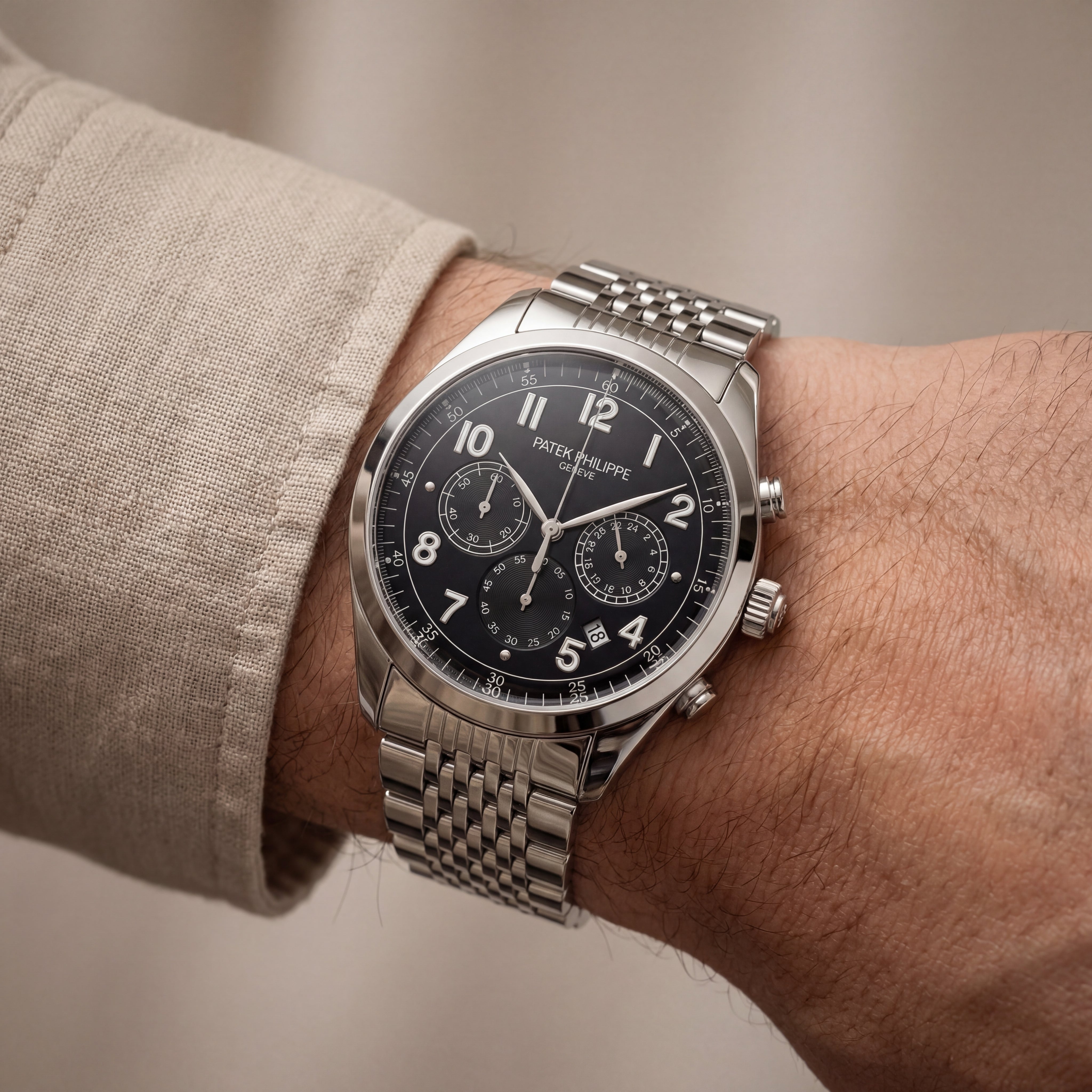 Luxury Silver Stainless Steel Chronograph Watch Black Dial Arabic Numerals Multi-Subdial Date Display – Men