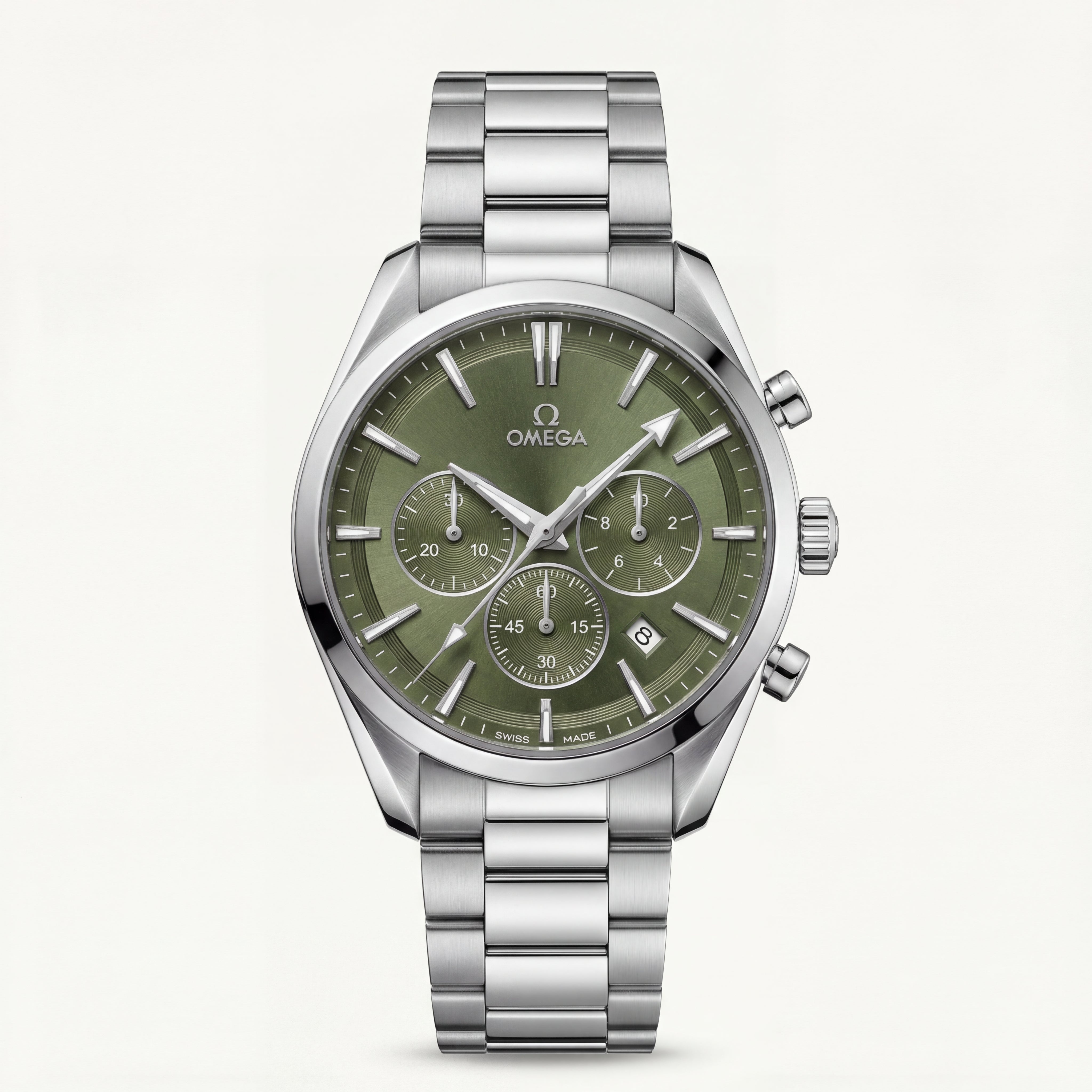 Luxury Silver Stainless Steel Chronograph Watch Olive Green Dial Baton Markers Multi-Subdial Date Display – Men