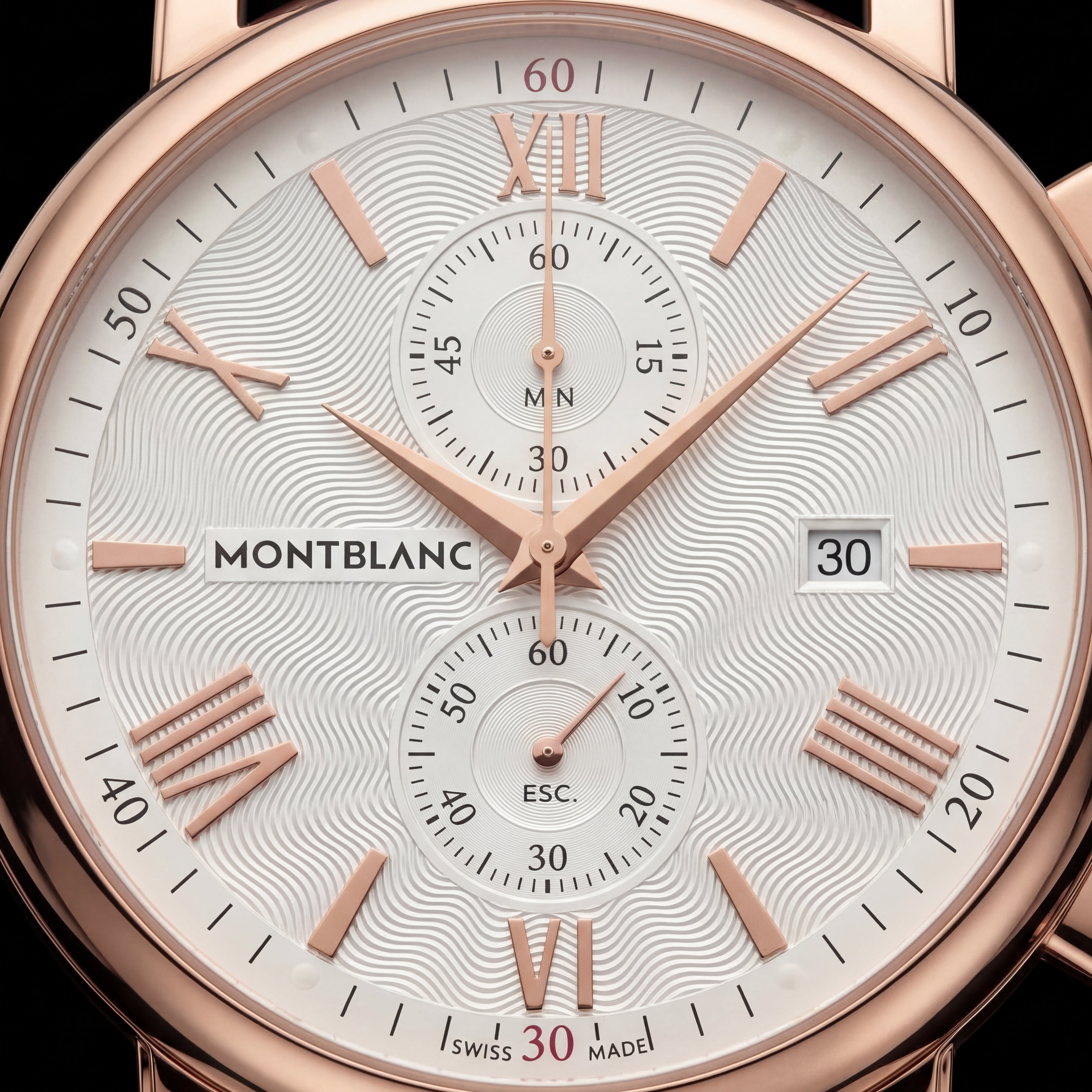 Luxury Rose Gold Stainless Steel Chronograph Watch White Textured Dial Brown Leather Strap Roman Markers Date Display – Men