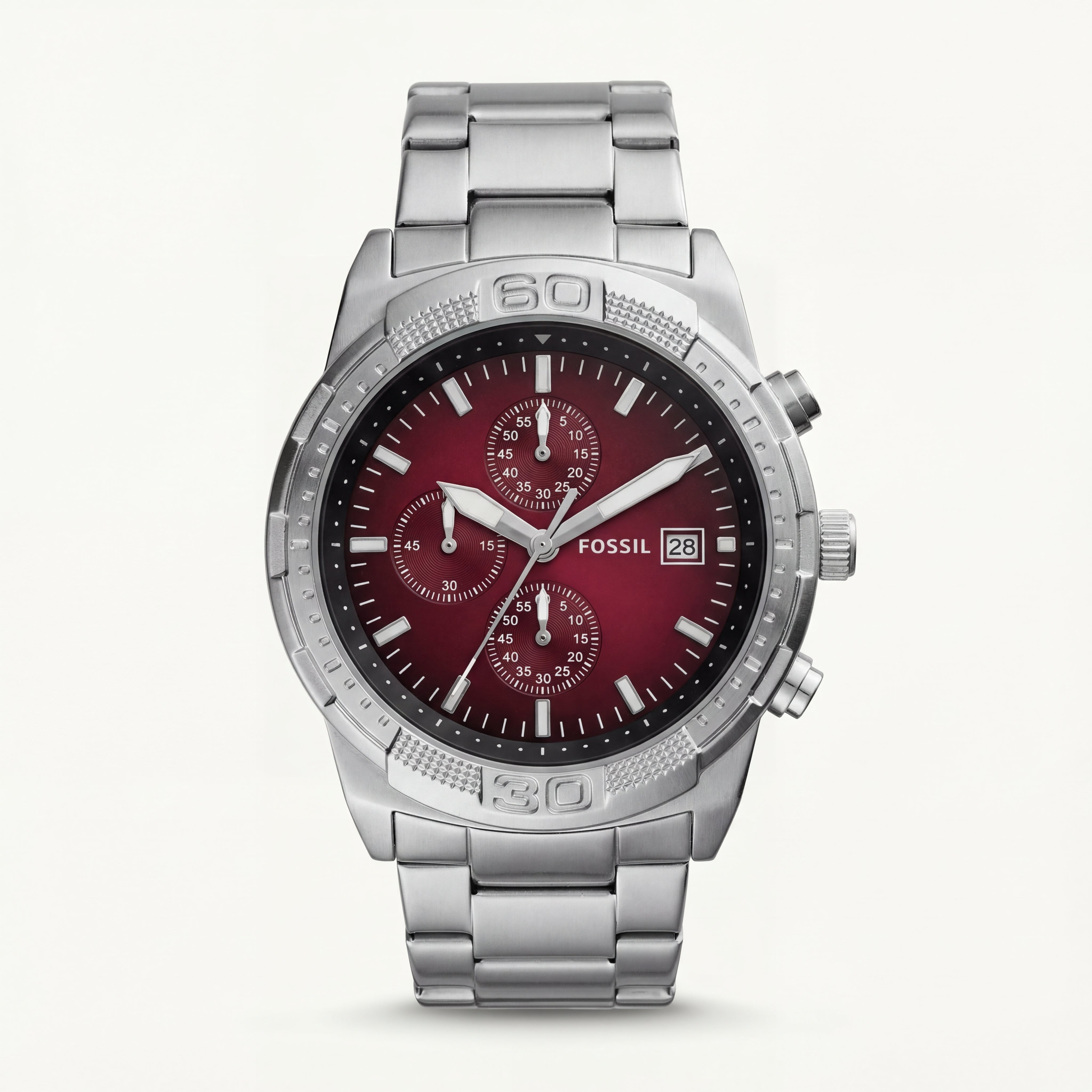 Premium Silver Stainless Steel Chronograph Watch Red Sunburst Dial Date Display Sport Luxury Watch – Men