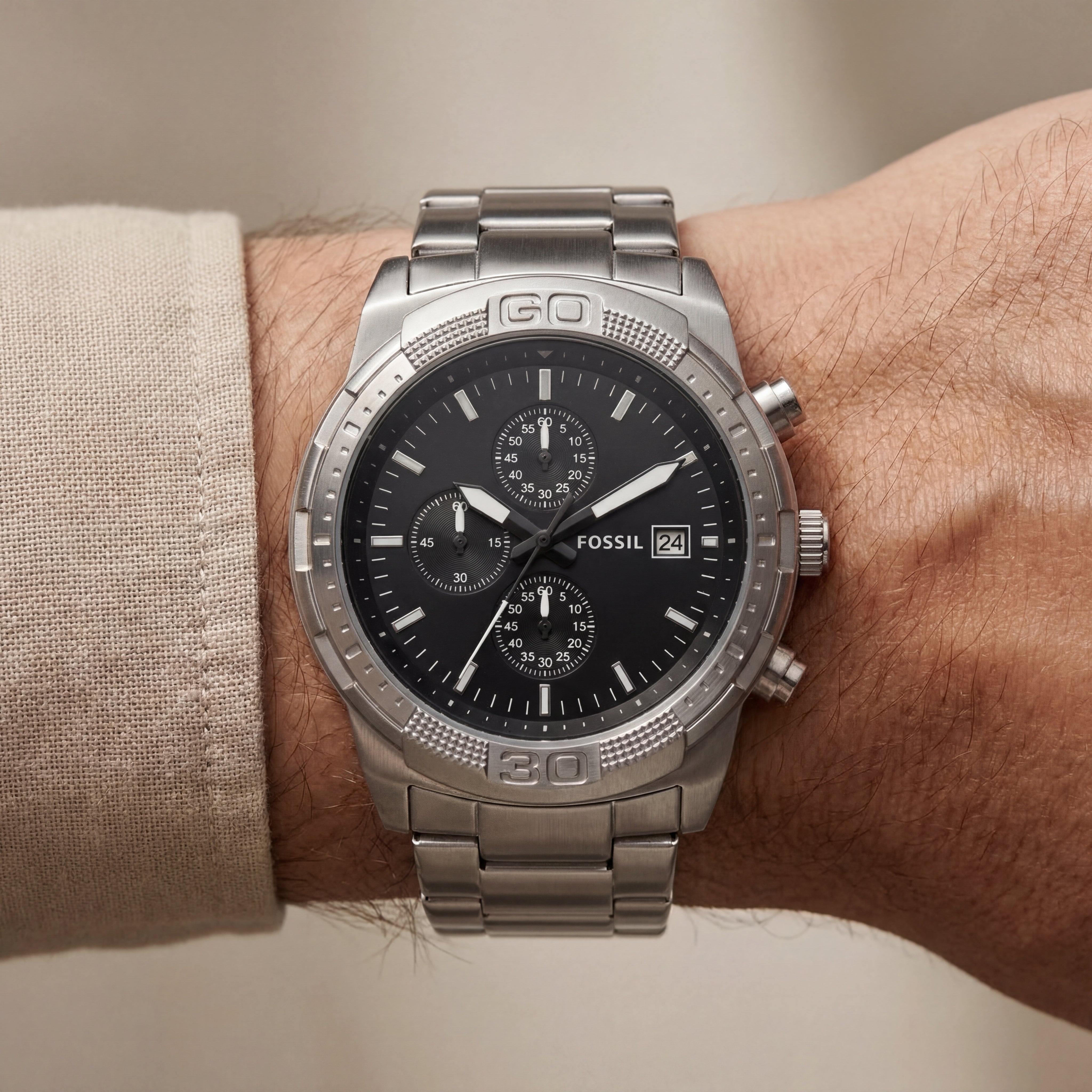 Luxury Silver Stainless Steel Chronograph Watch Black Dial Multi-Subdial Date Display Sport Watch – Men