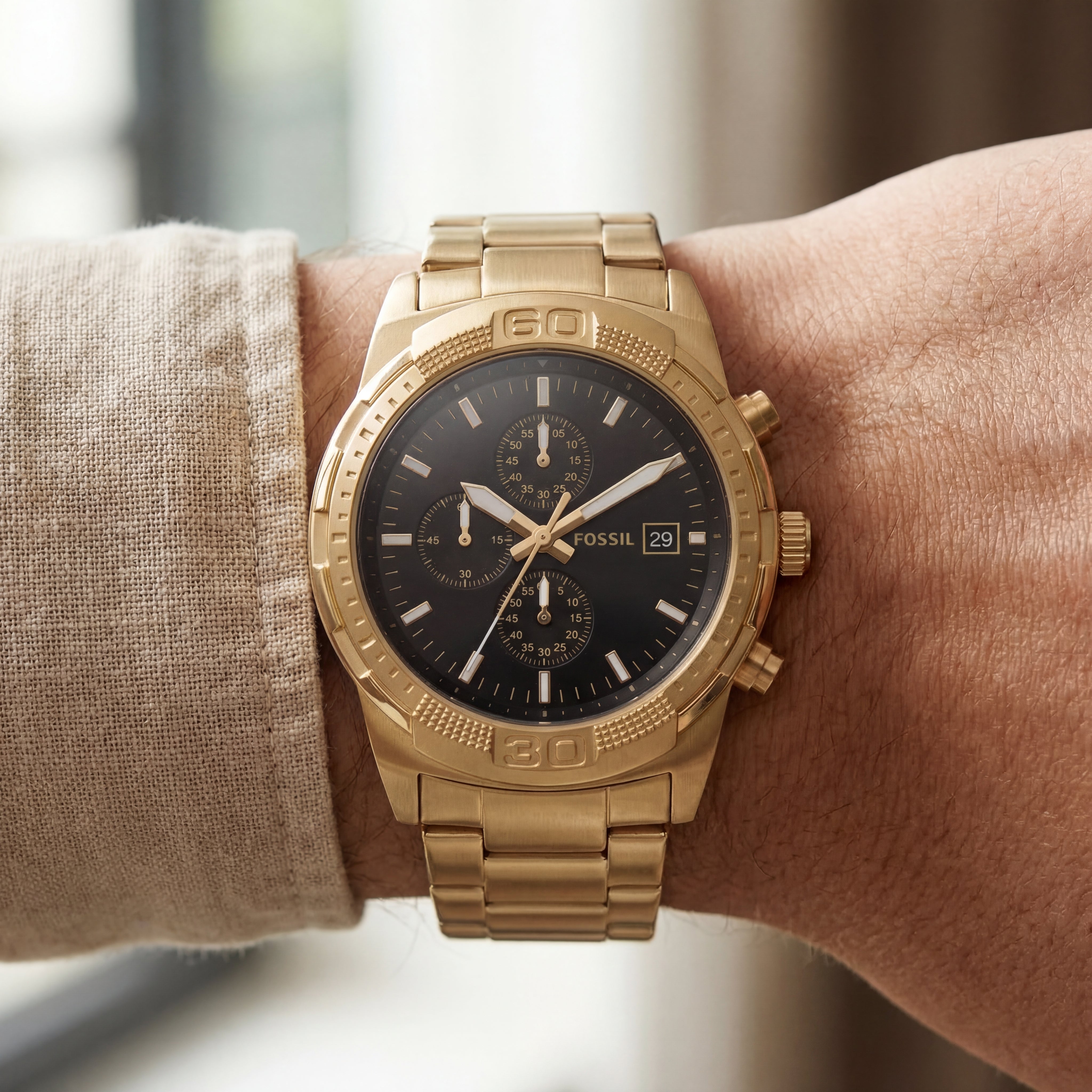 Luxury Gold Stainless Steel Chronograph Watch Black Dial Multi-Subdial Date Display Sport Watch – Men