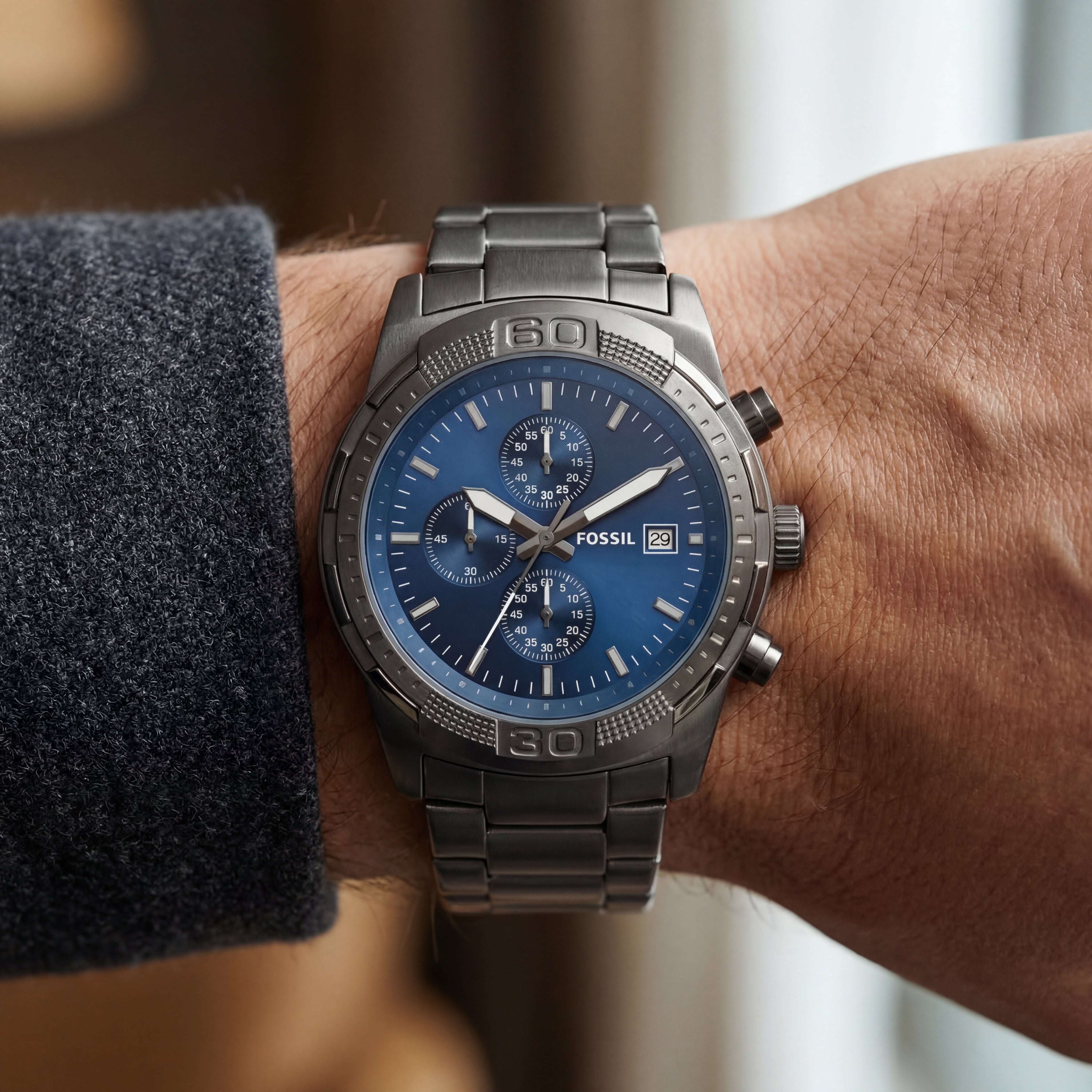 Premium Gunmetal Stainless Steel Chronograph Watch Blue Sunburst Dial Date Display Sport Luxury Watch – Men