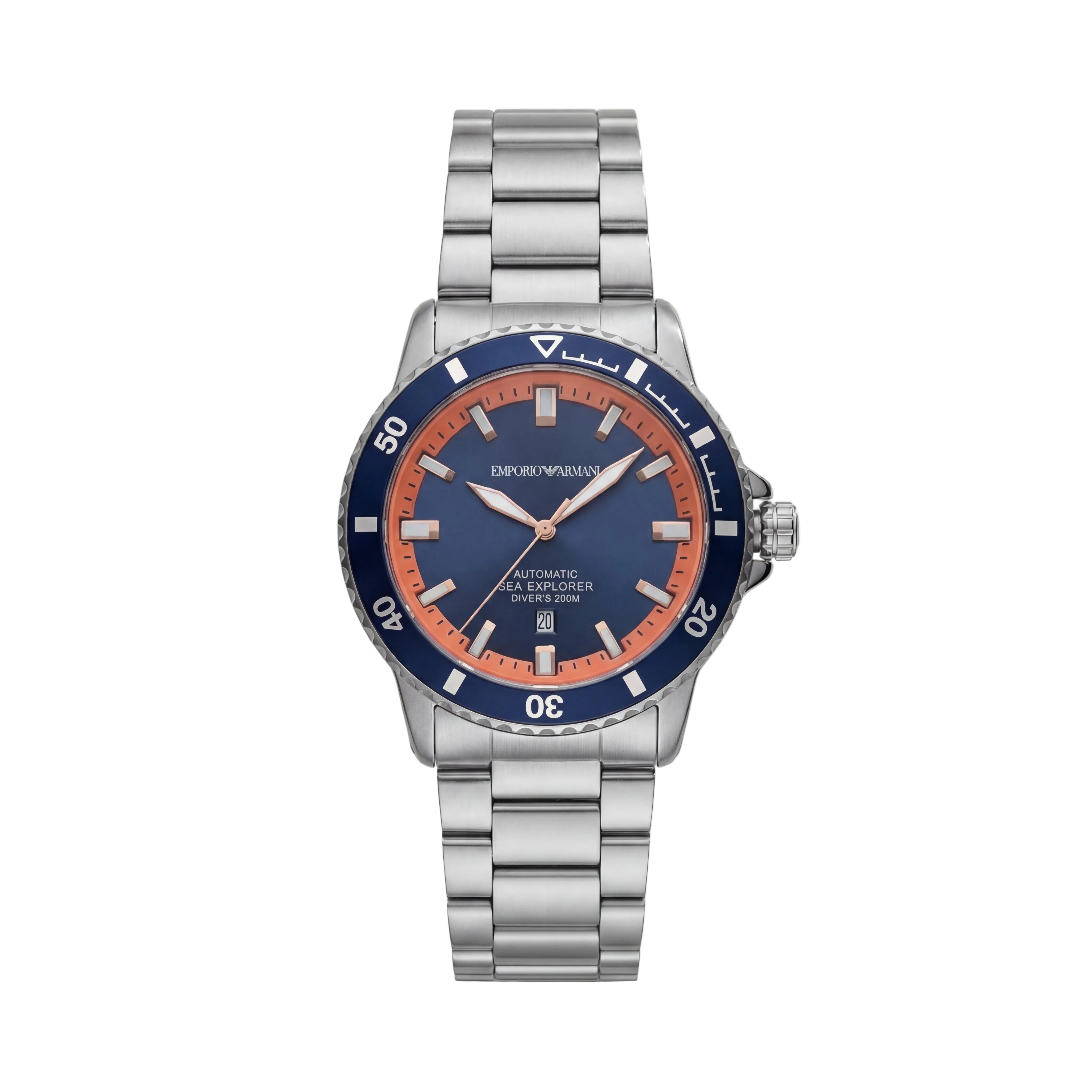 Premium Silver Stainless Steel Diver Style Watch Blue Dial Orange Accent Bezel Date Display Sport Luxury Watch – Men