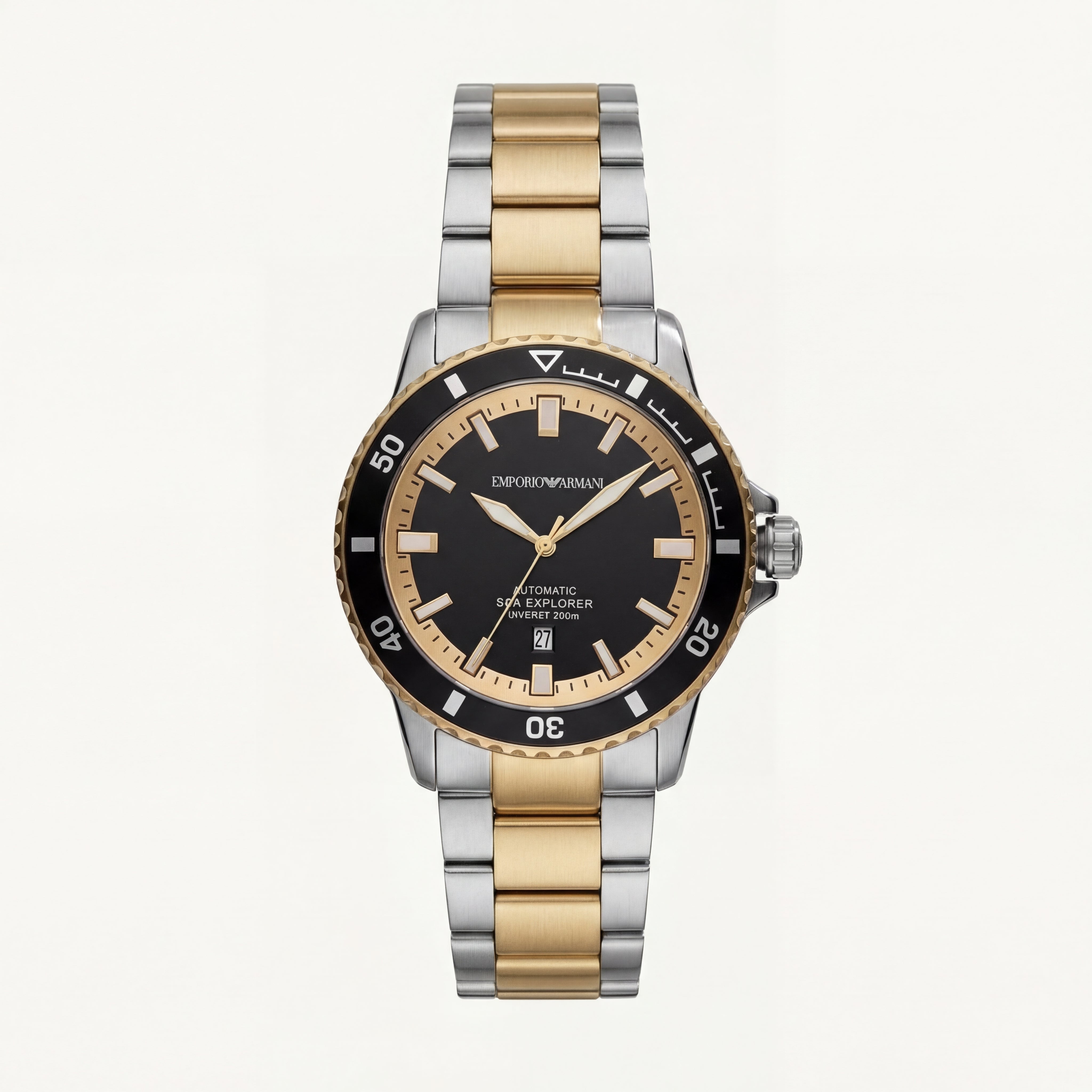 Premium Two-Tone Stainless Steel Diver Style Watch Black Dial Gold Accents Date Display Sport Luxury Watch – Men