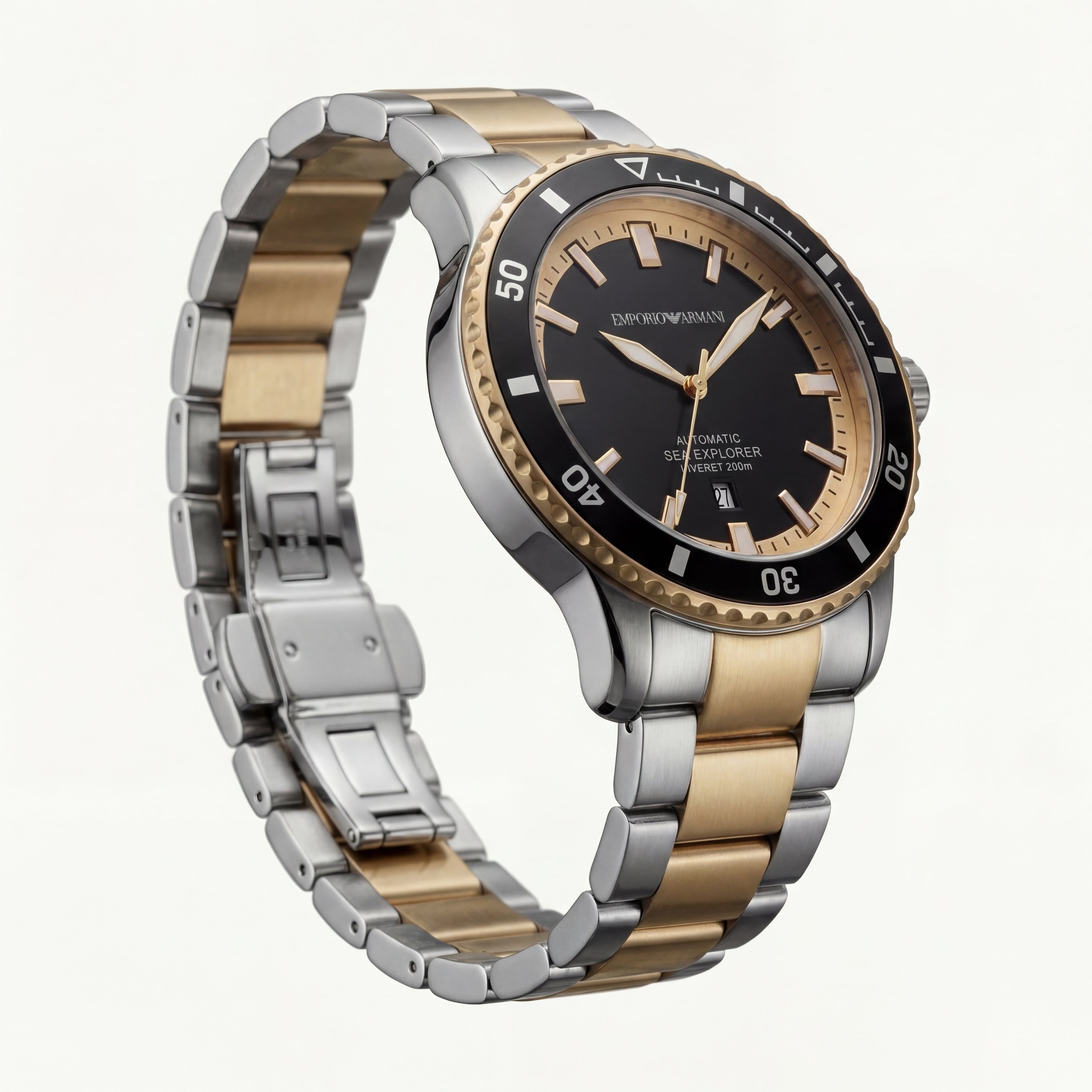 Premium Two-Tone Stainless Steel Diver Style Watch Black Dial Gold Accents Date Display Sport Luxury Watch – Men