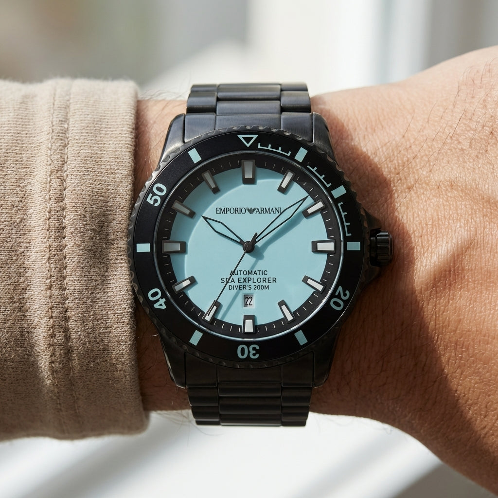 Premium Black Stainless Steel Diver Style Watch Ice Blue Dial Date Display Sport Luxury Watch – Men