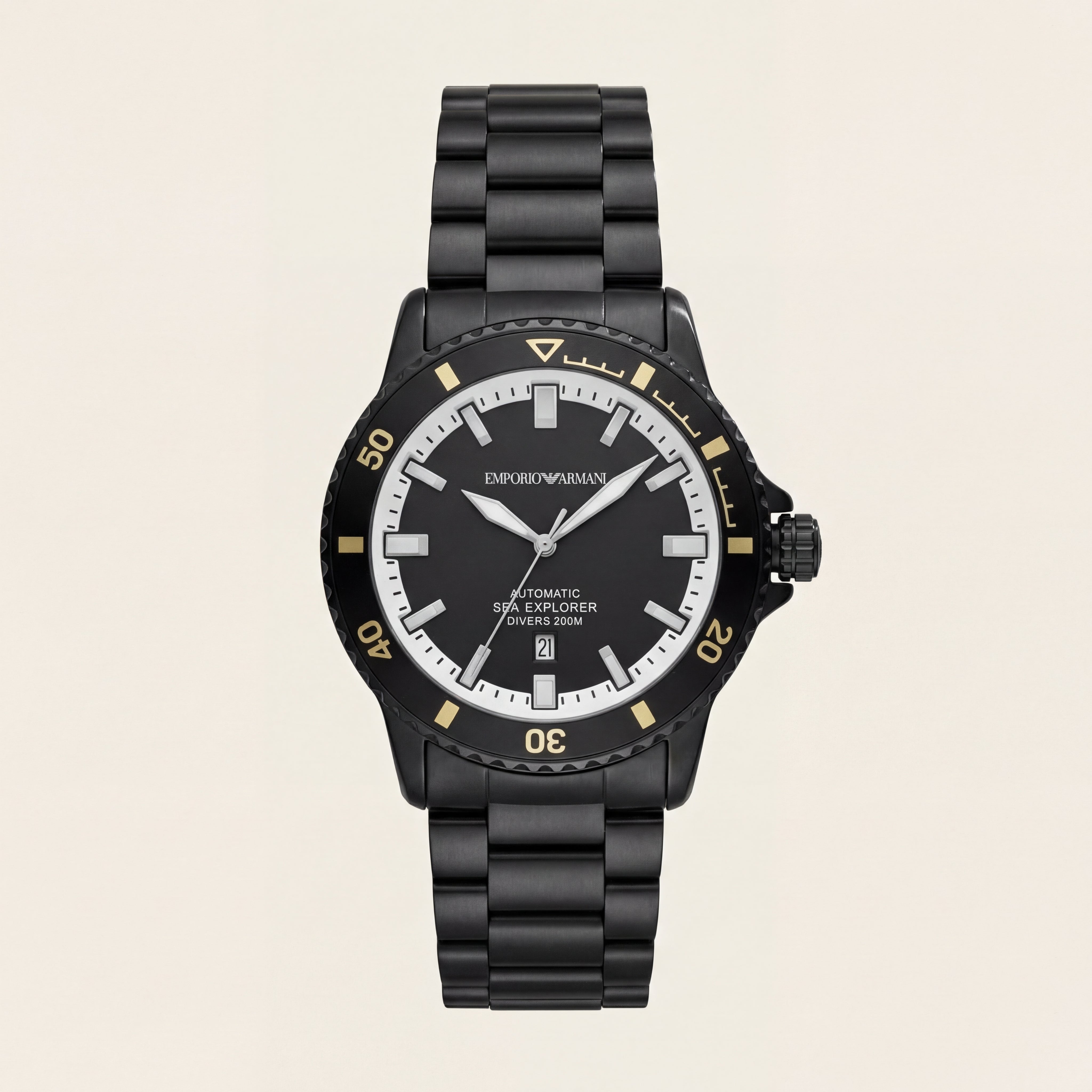 Premium Black Stainless Steel Diver Style Watch Black Dial Gold Accent Bezel Date Display Sport Luxury Watch – Men