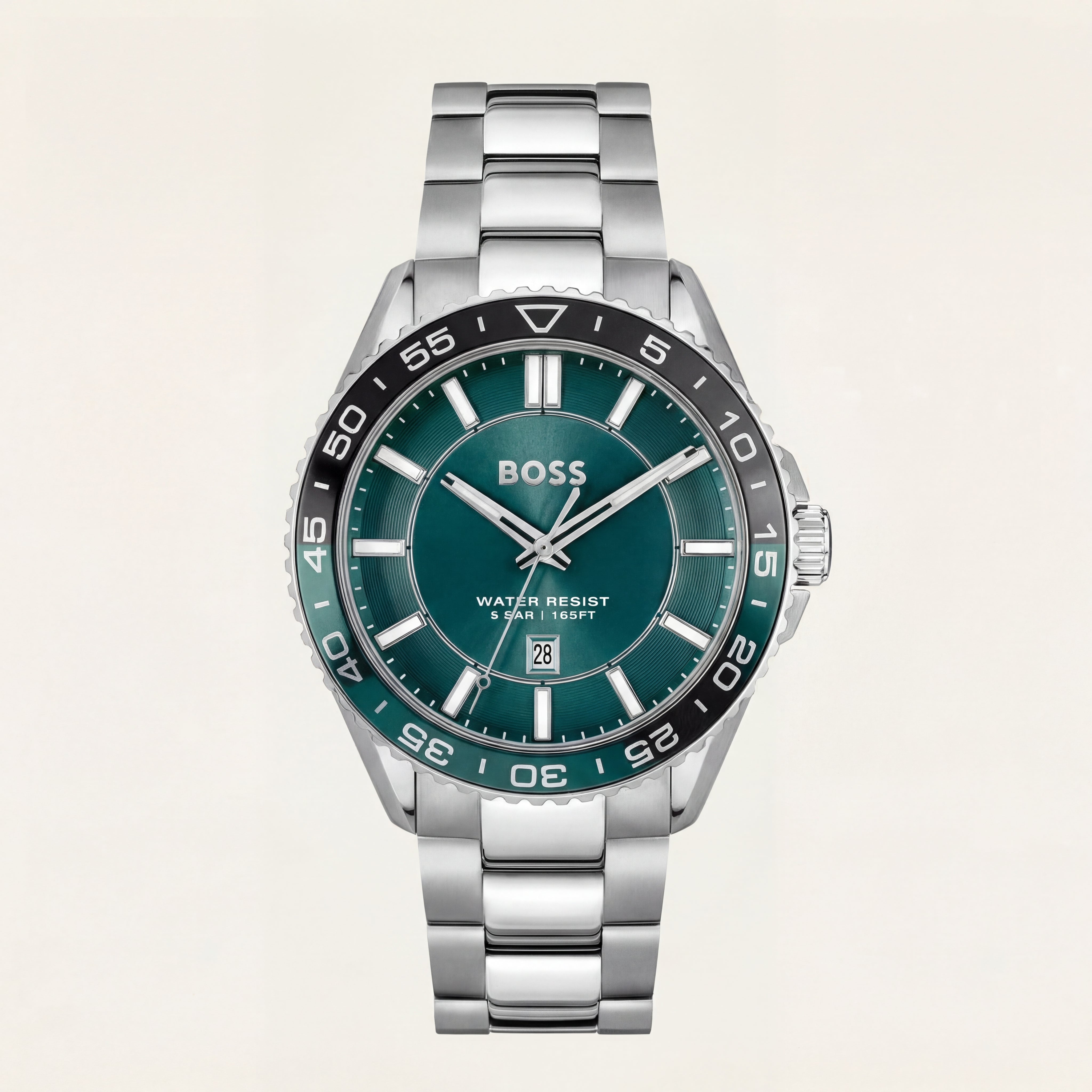 Premium Silver Stainless Steel Watch Green Dial Sport Bezel Date Display Classic Luxury Watch – Men