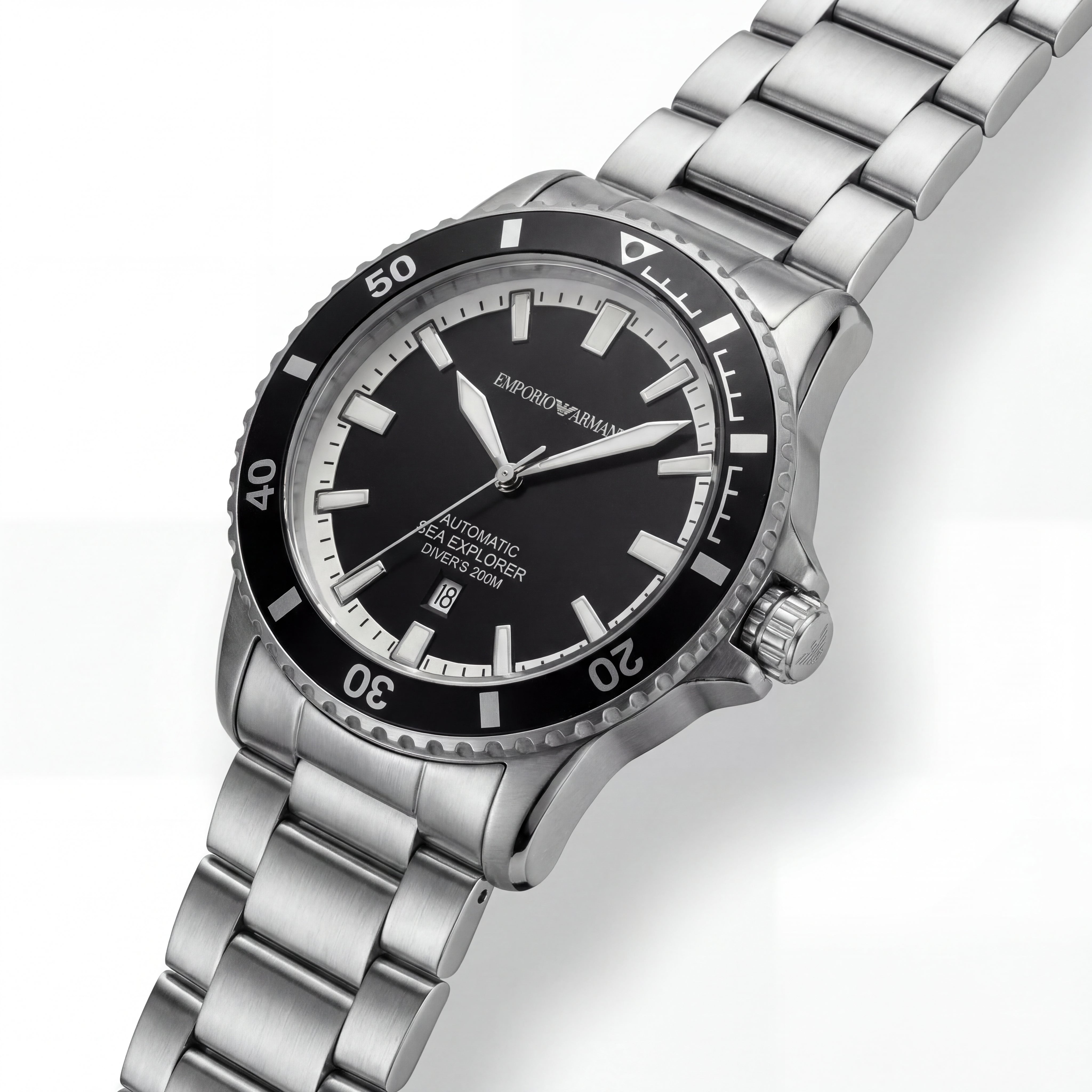 Premium Silver Stainless Steel Diver Style Watch Black Dial White Ring Date Display Sport Luxury Watch – Men