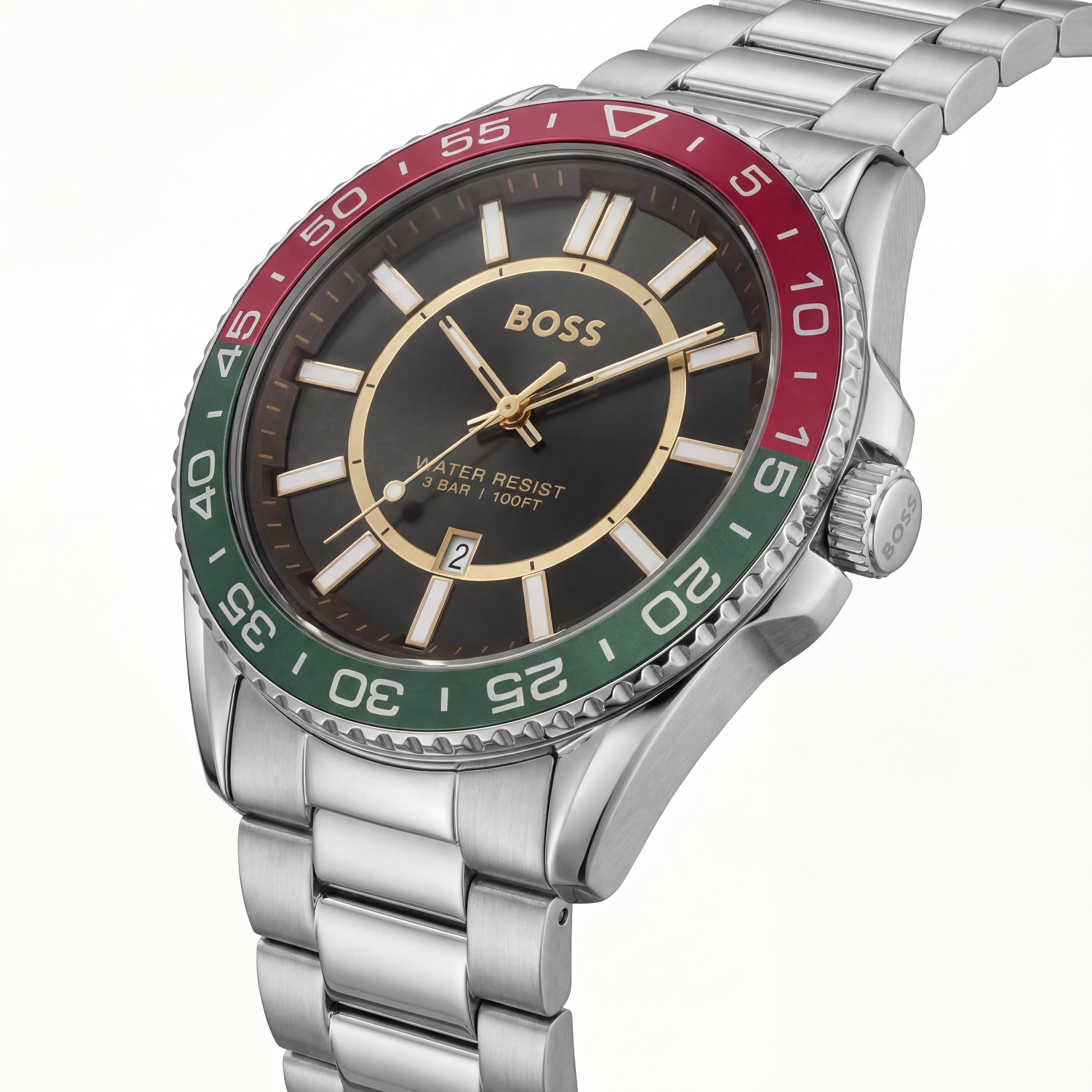 Premium Silver Stainless Steel Watch Black Dial Tricolor Sport Bezel Date Display Classic Luxury Watch – Men