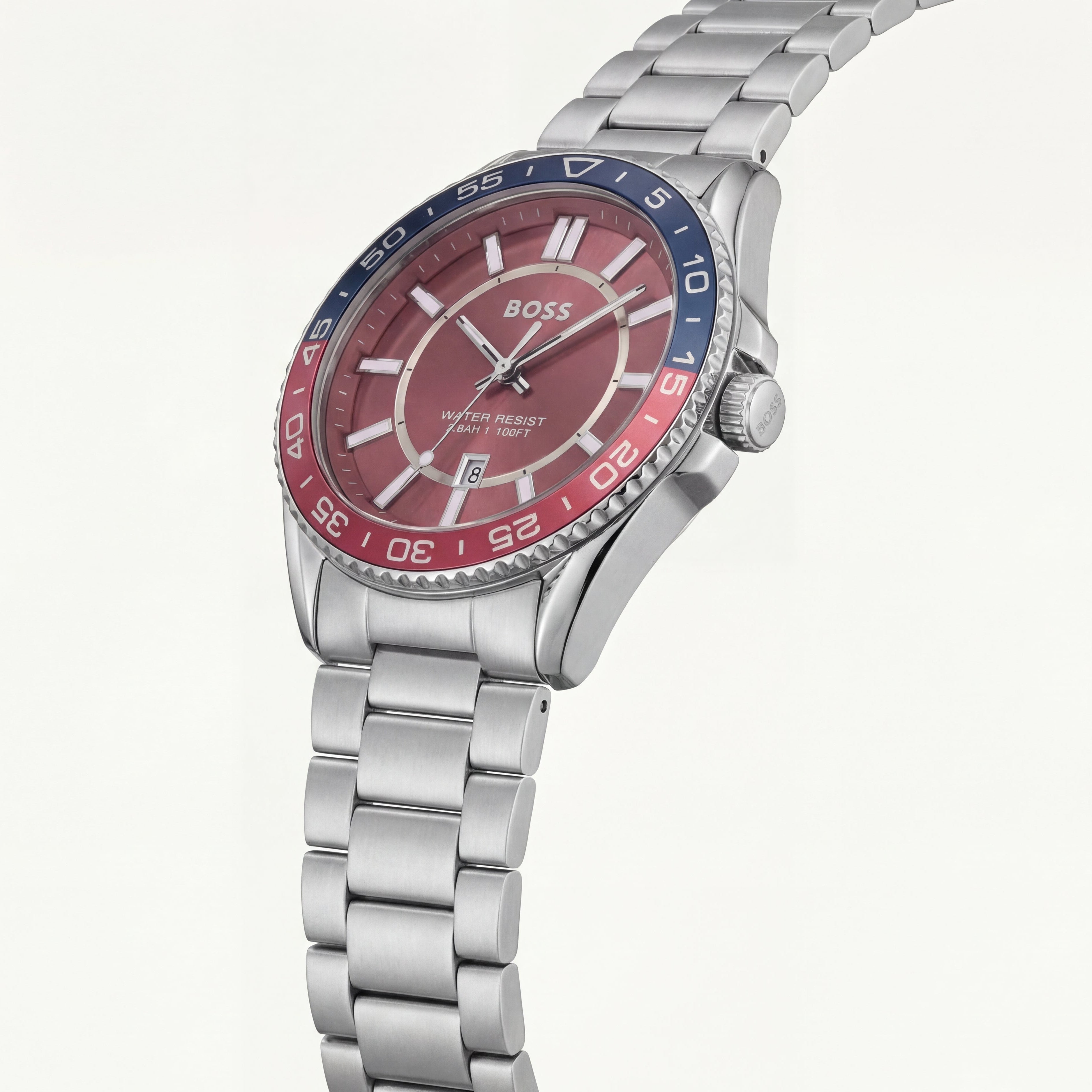 Premium Silver Stainless Steel Sport Watch Red Dial Dual-Tone Bezel Date Display Classic Luxury Watch – Men