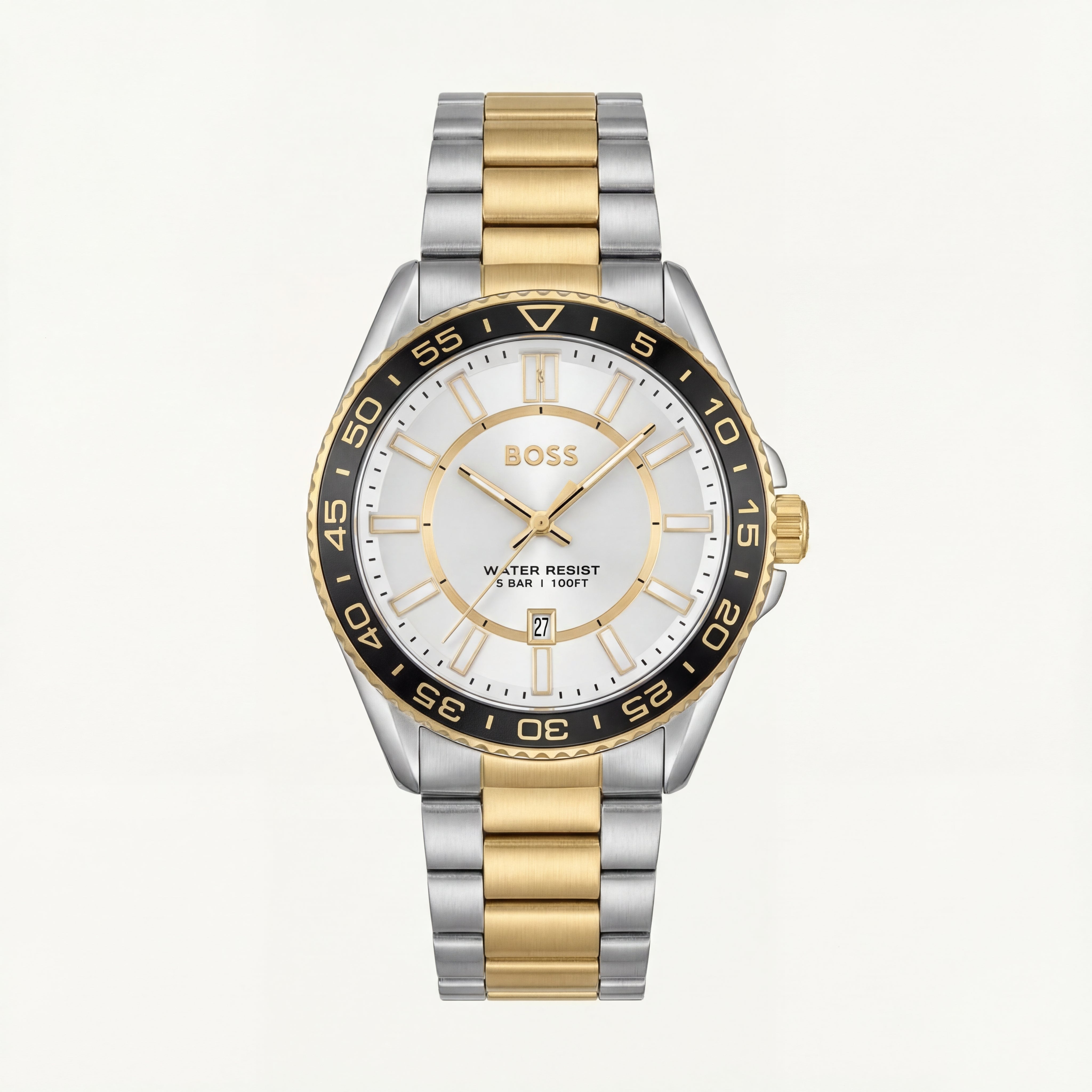 Premium Two-Tone Stainless Steel Watch White Dial Gold Accent Bezel Date Display Classic Luxury Watch – Men