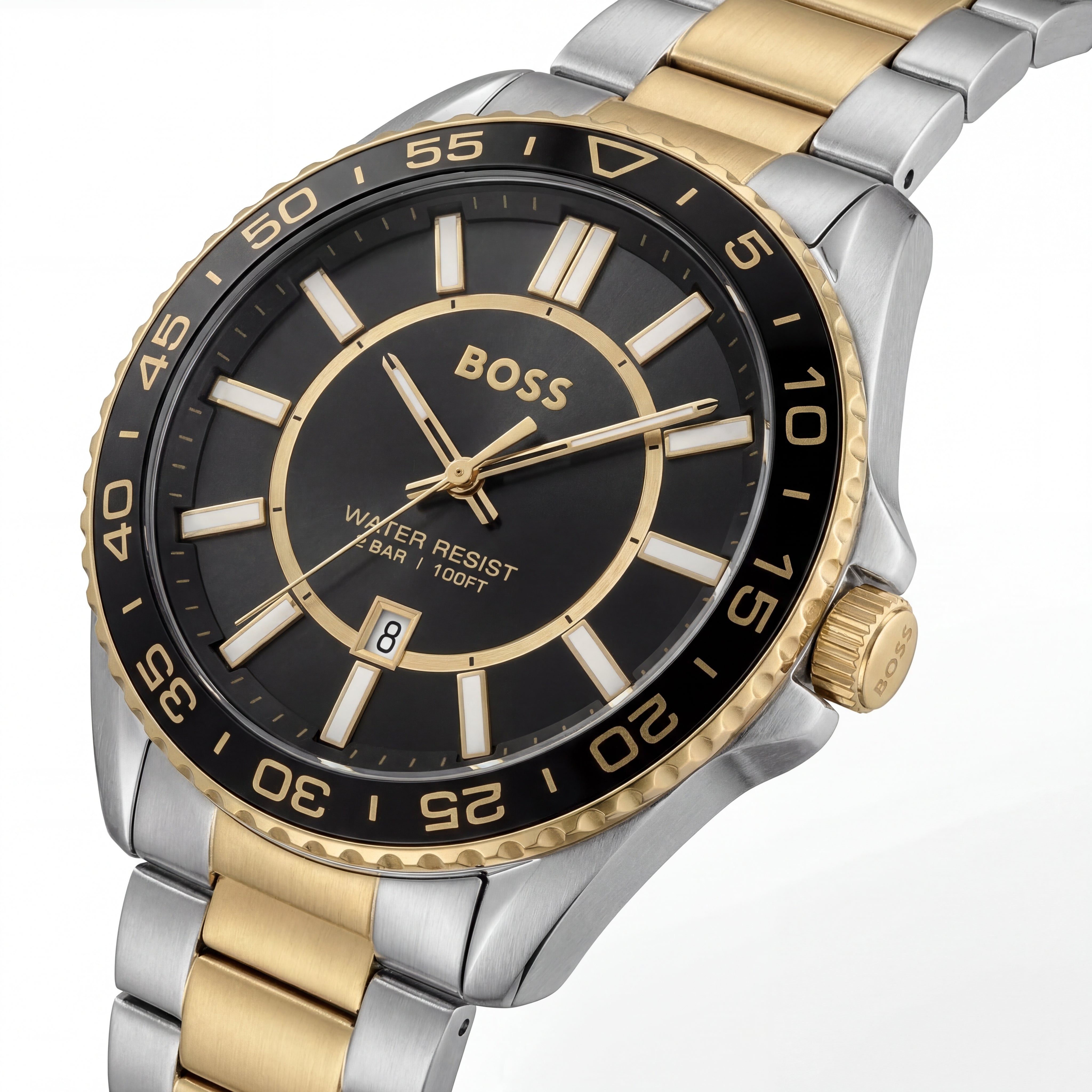 Premium Two-Tone Stainless Steel Watch Black Dial Gold Accent Bezel Date Display Classic Luxury Watch – Men