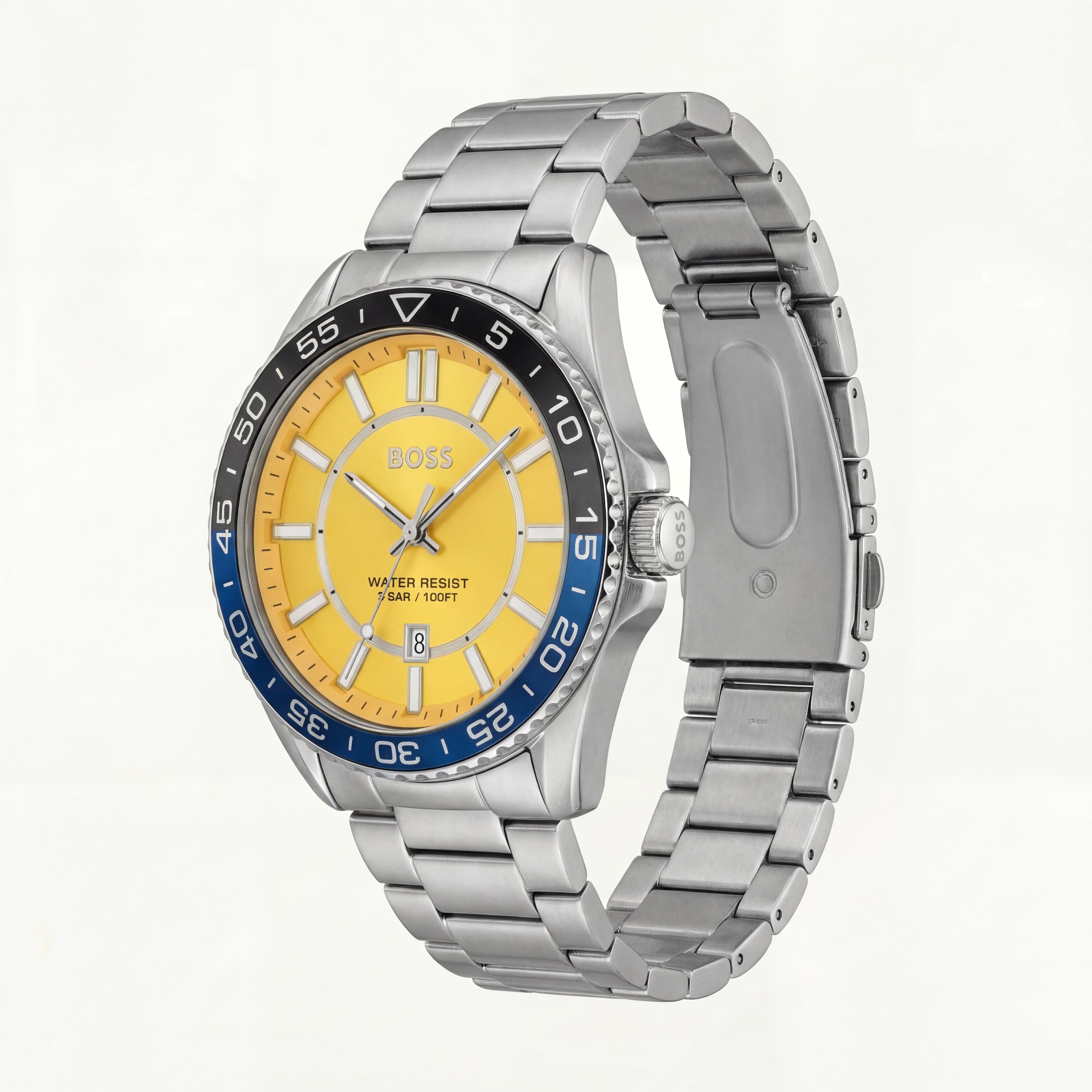 Premium Silver Stainless Steel Watch Yellow Dial Blue Sport Bezel Date Display Bold Luxury Watch – Men