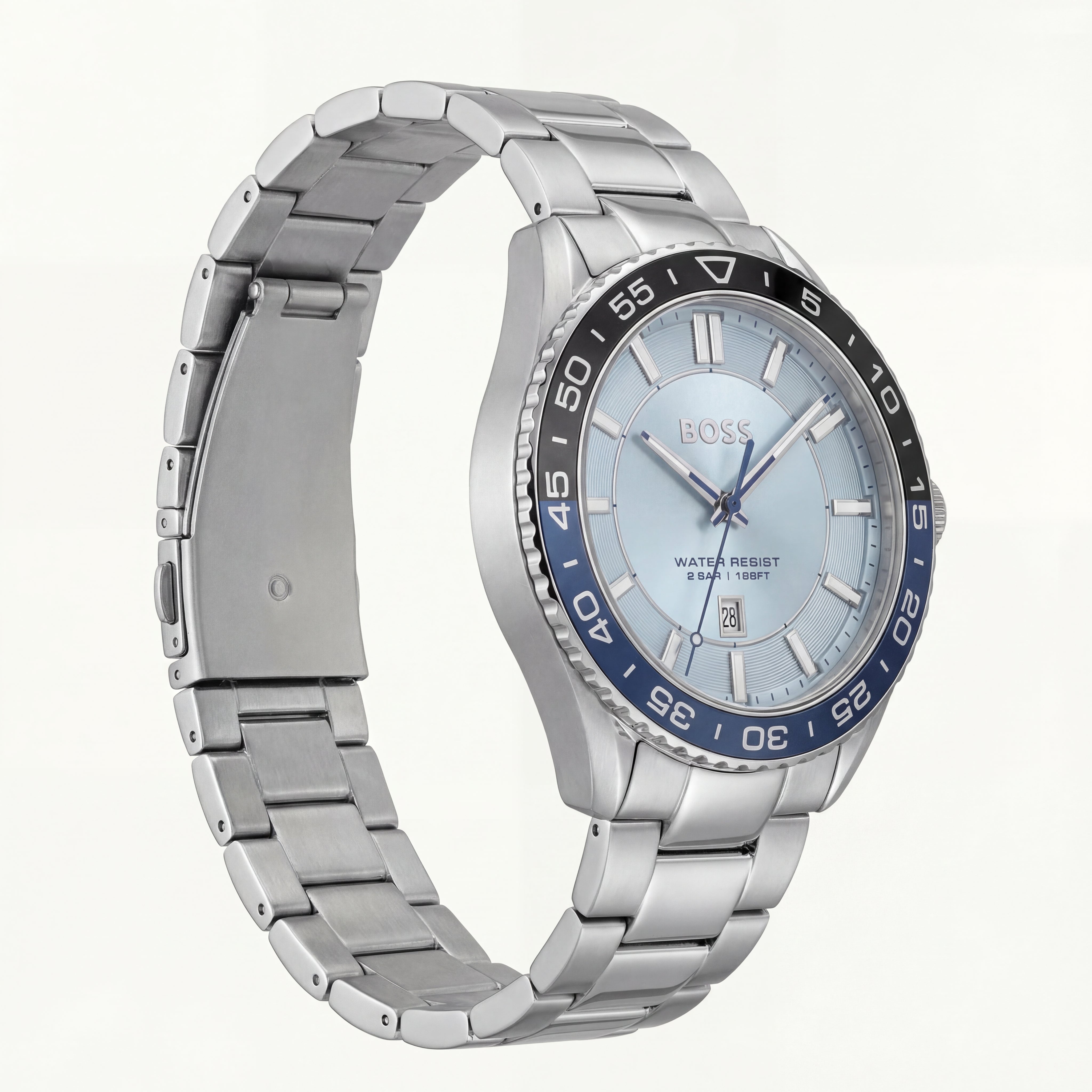 Premium Silver Stainless Steel Watch Ice Blue Dial Blue Sport Bezel Date Display Classic Luxury Watch – Men
