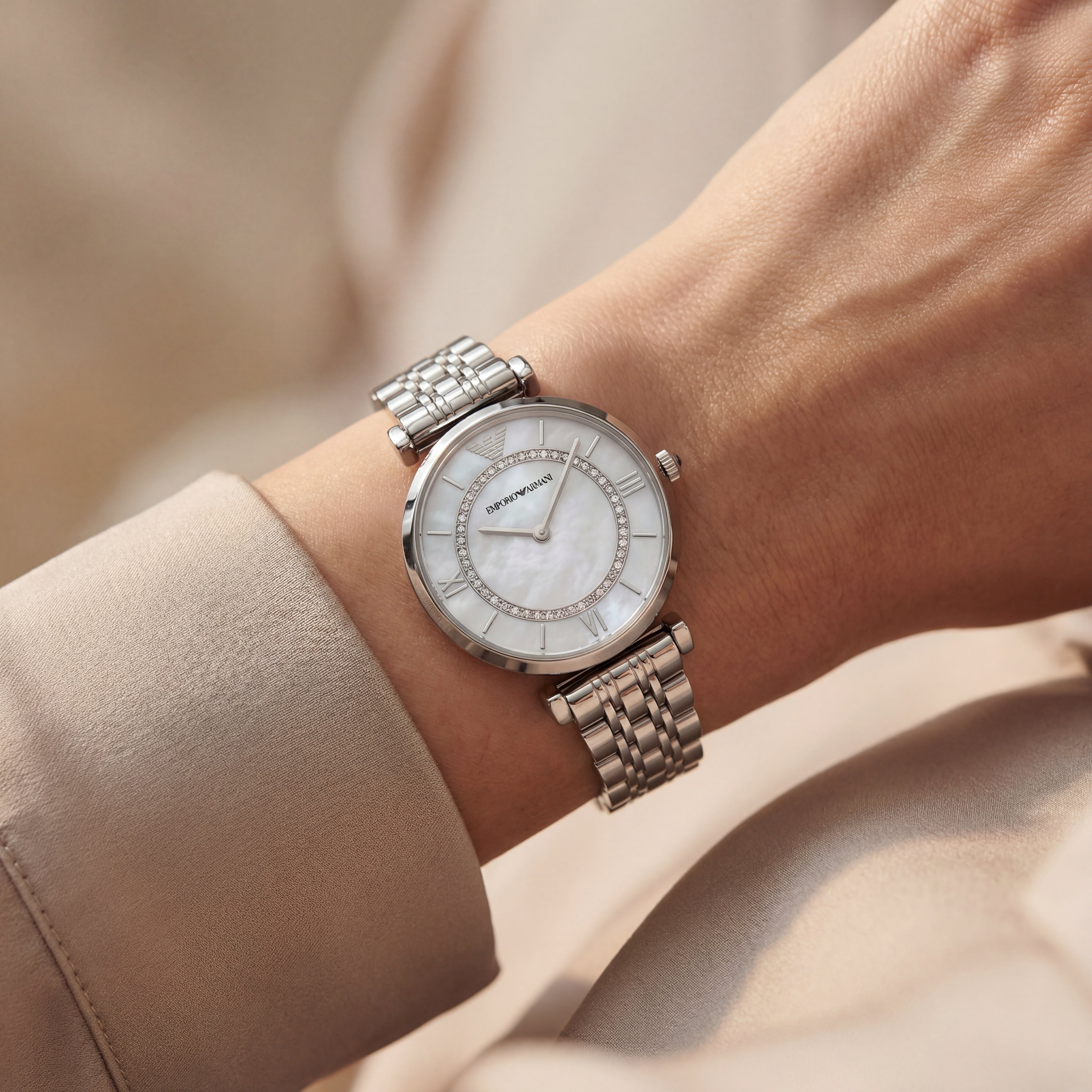 Silver Mother-of-Pearl Crystal Ring Watch – Luxe Edition