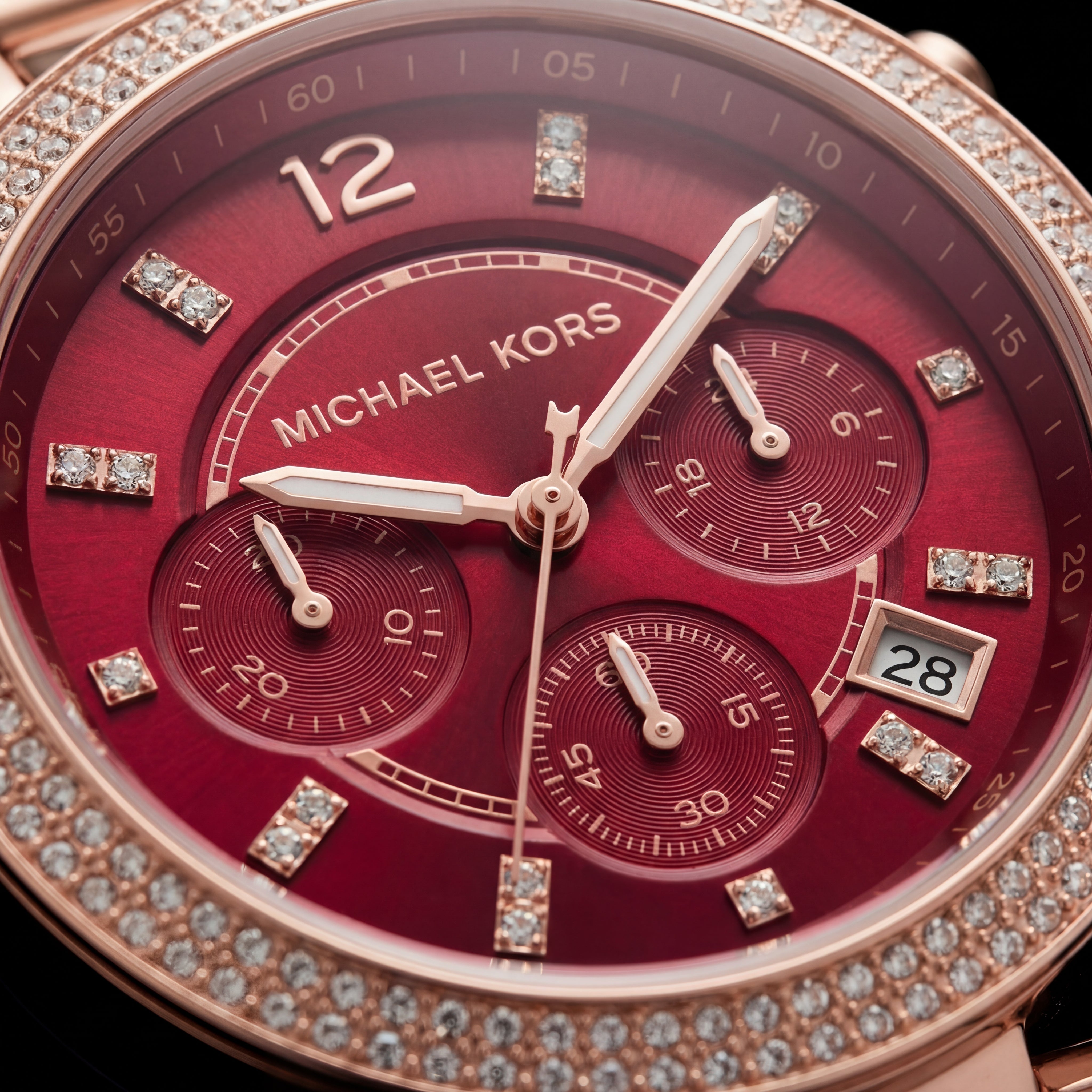 Rose Gold Crystal Bezel Ruby Red Dial Chronograph Bracelet Watch