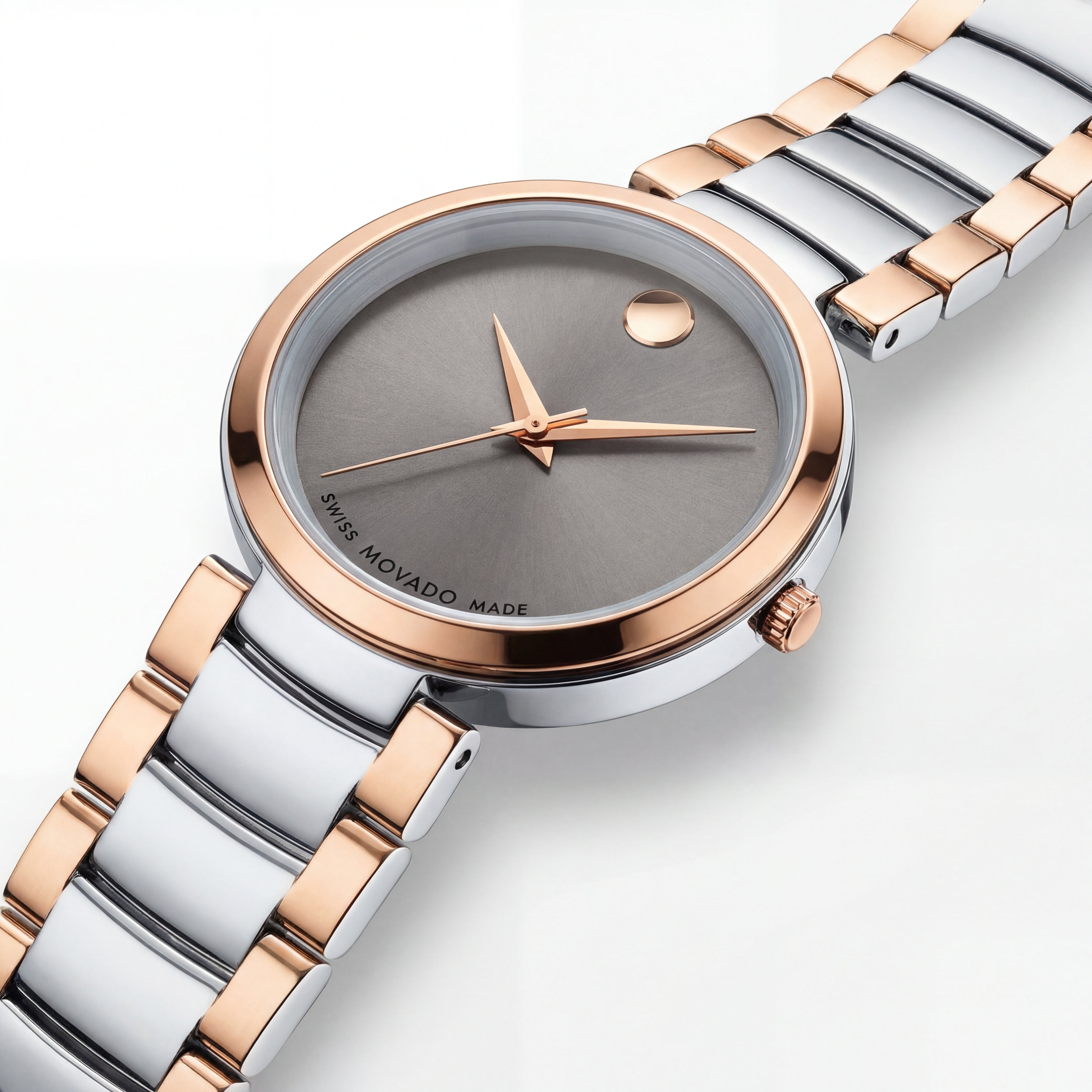 Two-Tone Steel & Rose Gold Minimalist Grey Sunray Dial Luxury Bracelet Watch – Women
