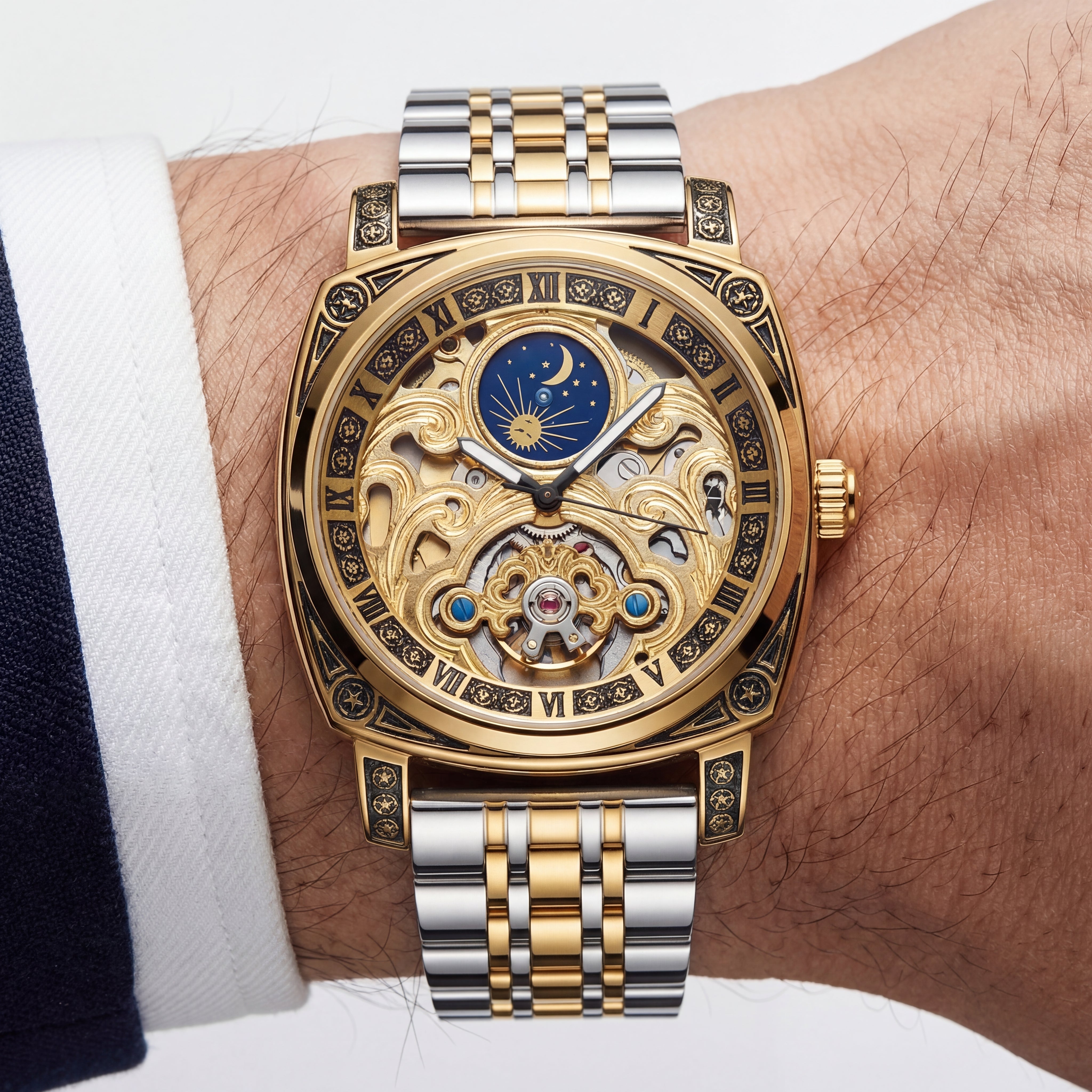 Gold Skeleton Moonphase Open-Heart Automatic Men’s WatcH