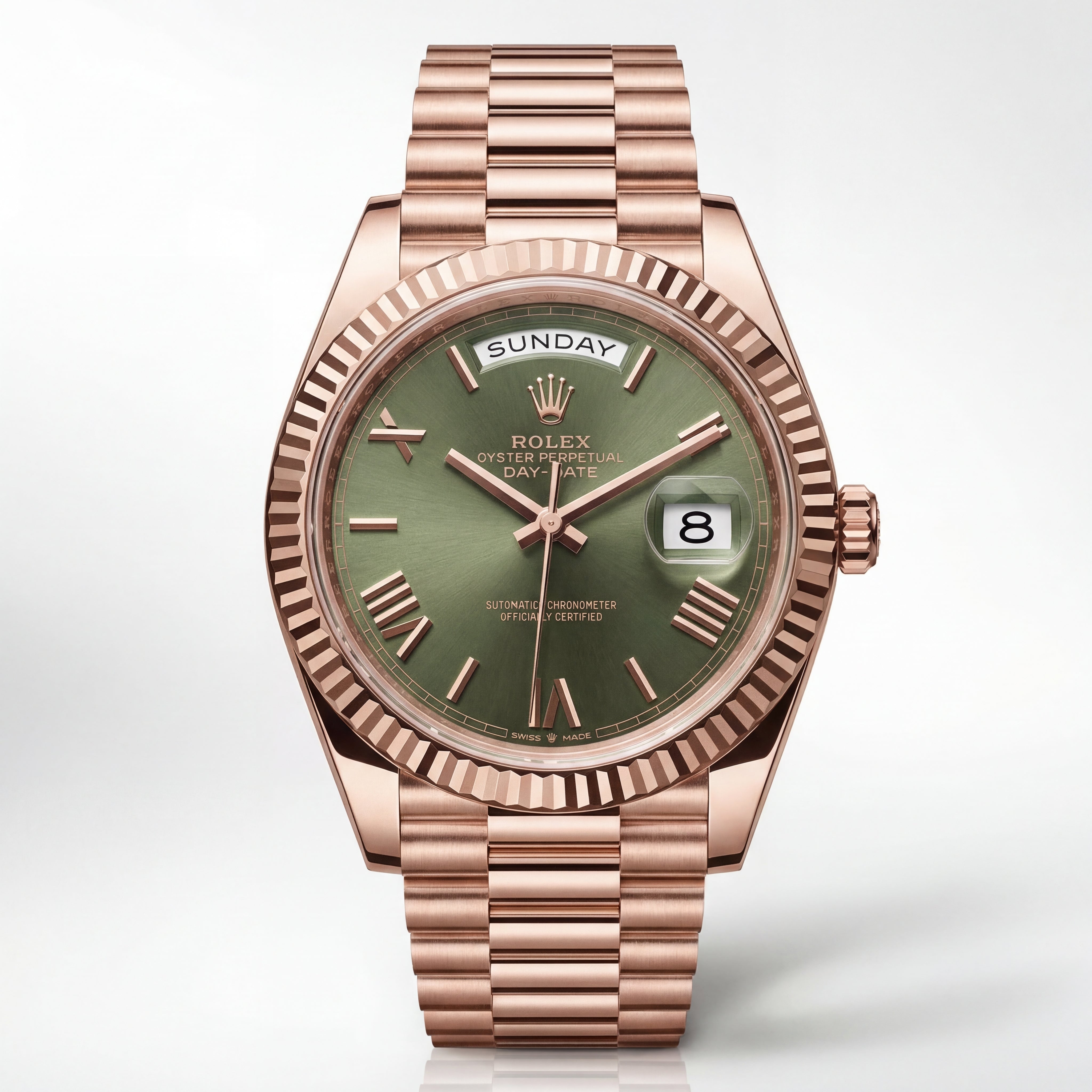 Rose Gold Day-Date President-Style Luxury Men’s Watch with Olive Green Dial