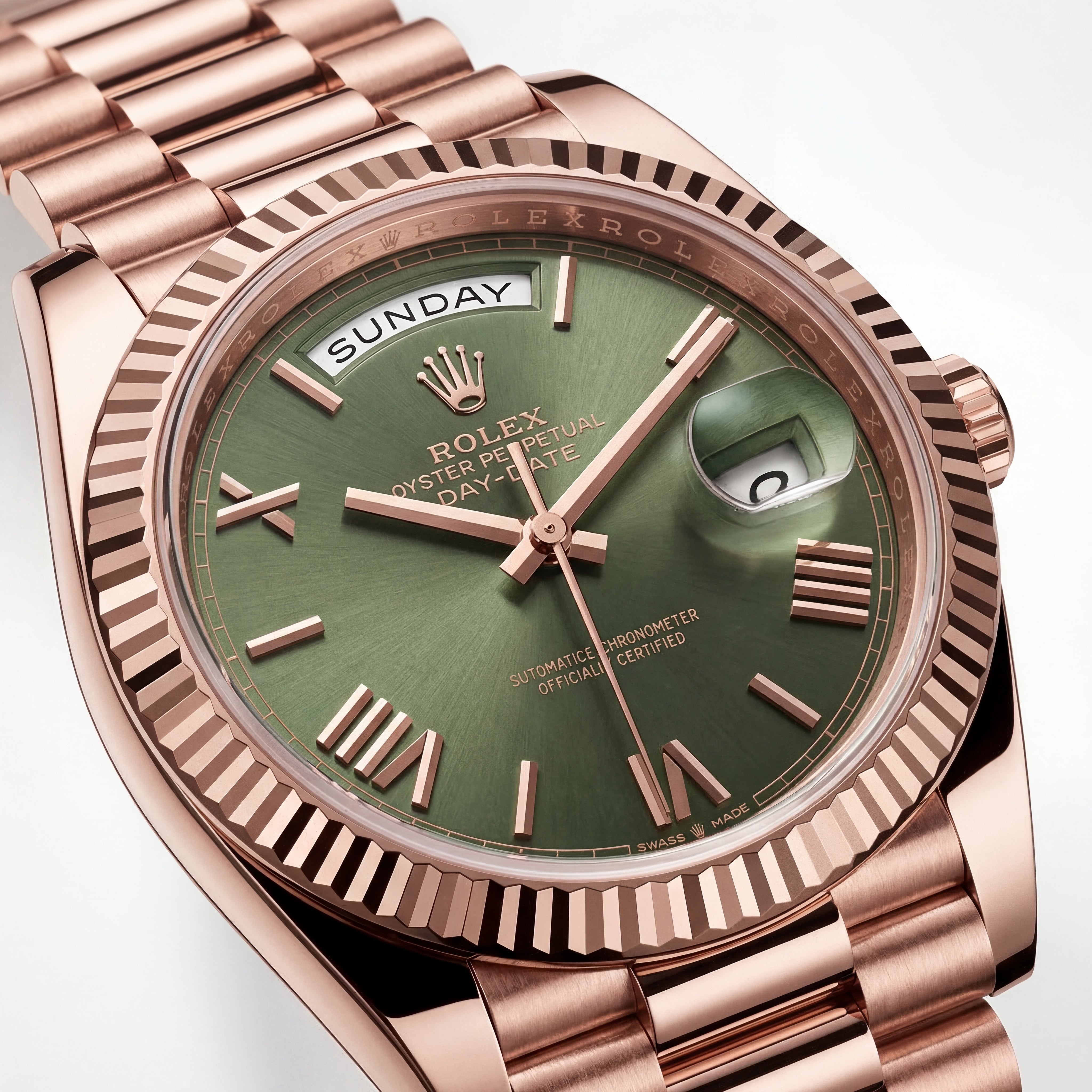 Rose Gold Day-Date President-Style Luxury Men’s Watch with Olive Green Dial