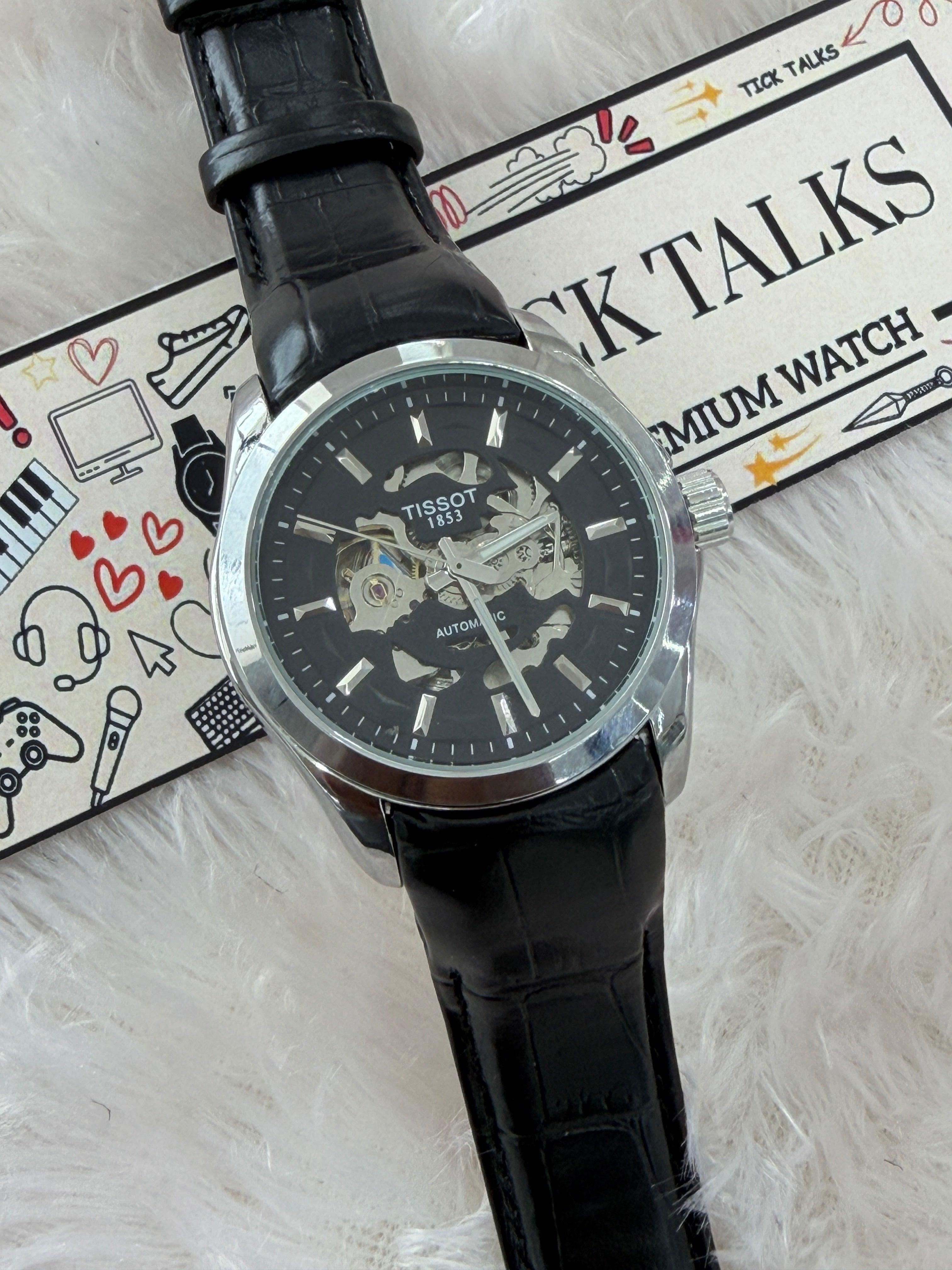 Premium Black Skeleton Dial Leather Strap Watch – Men