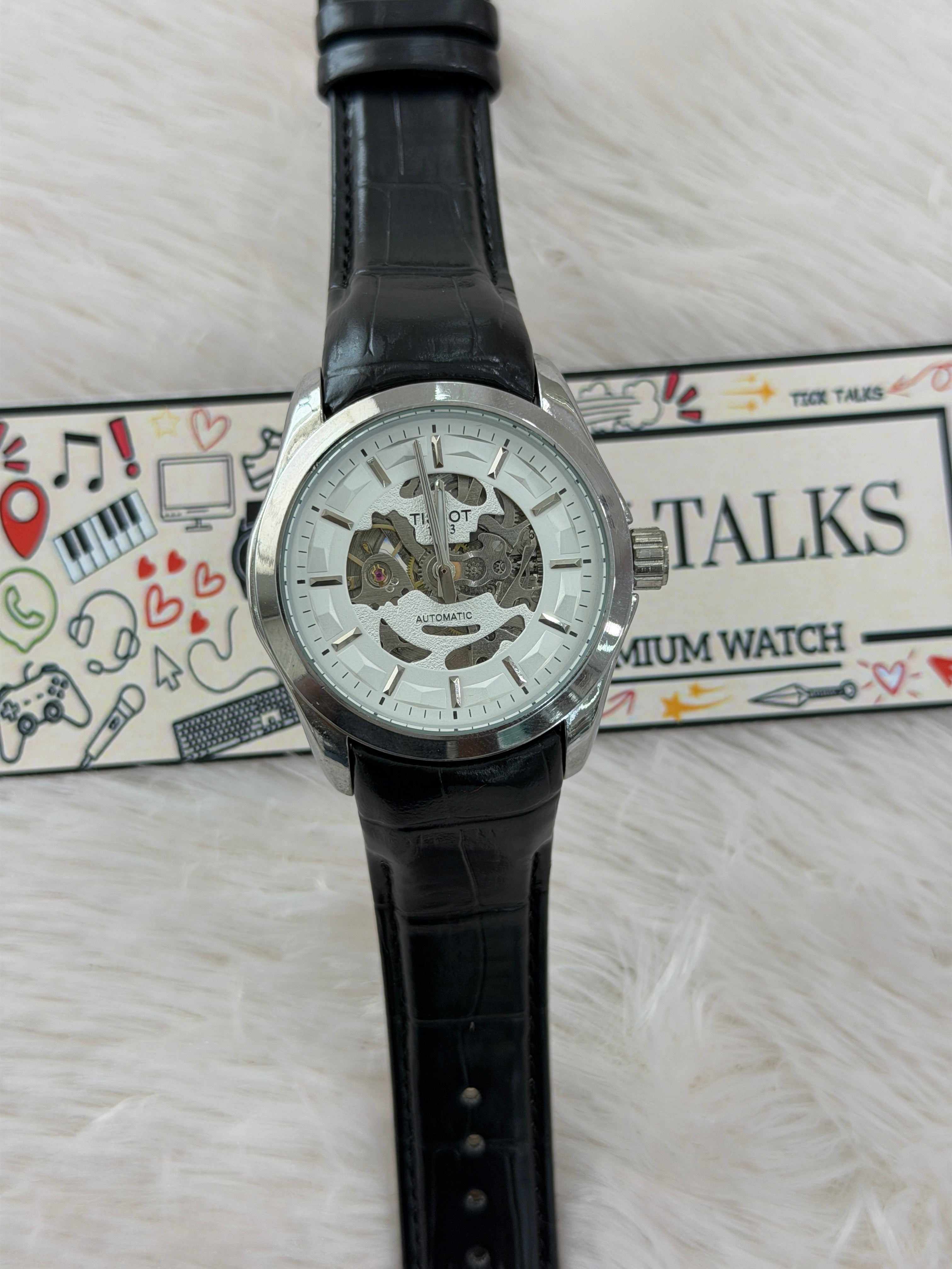 Premium White Skeleton Dial Leather Strap Watch – Men
