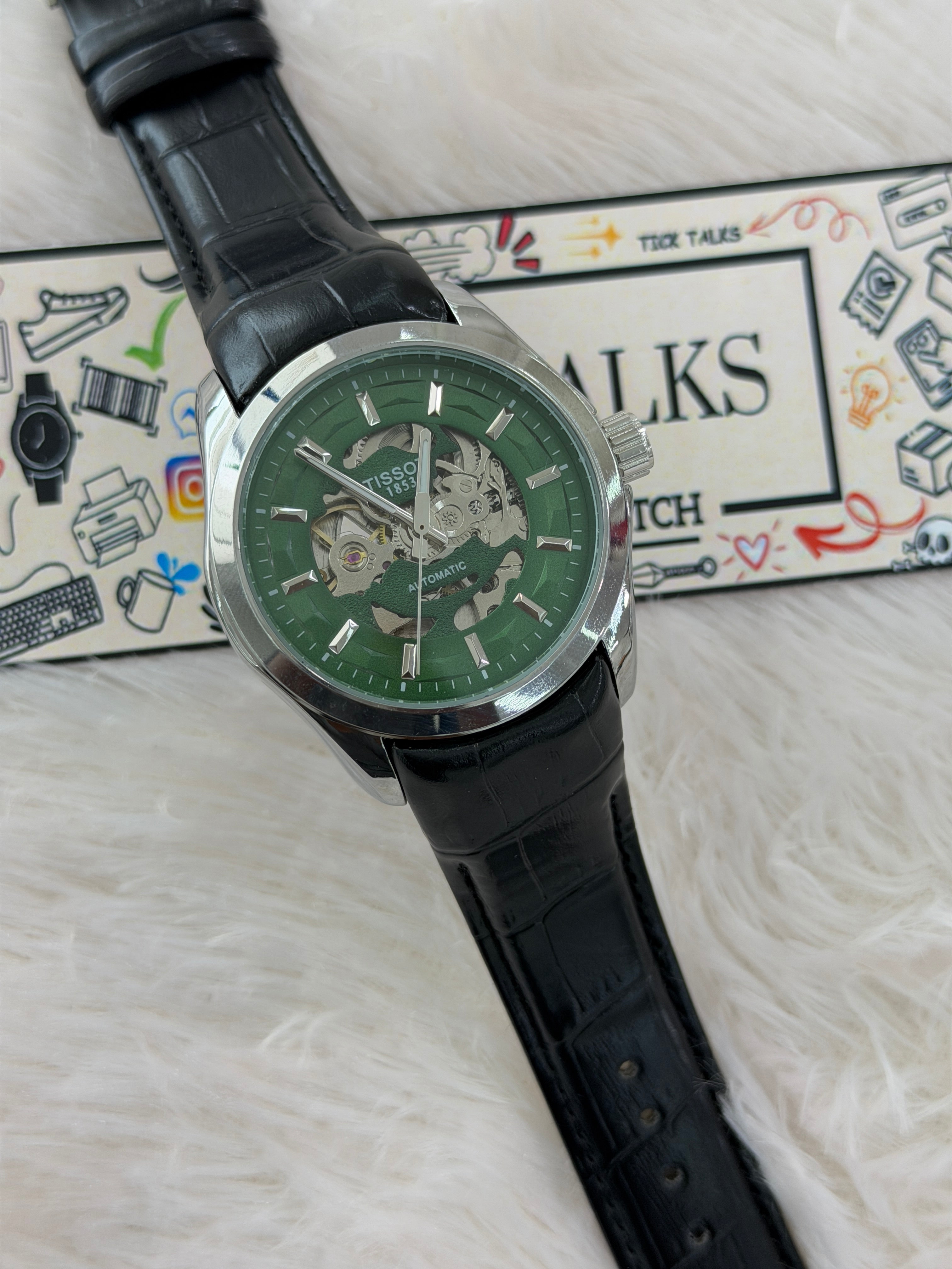 Premium Green Skeleton Dial Leather Strap Watch – Men