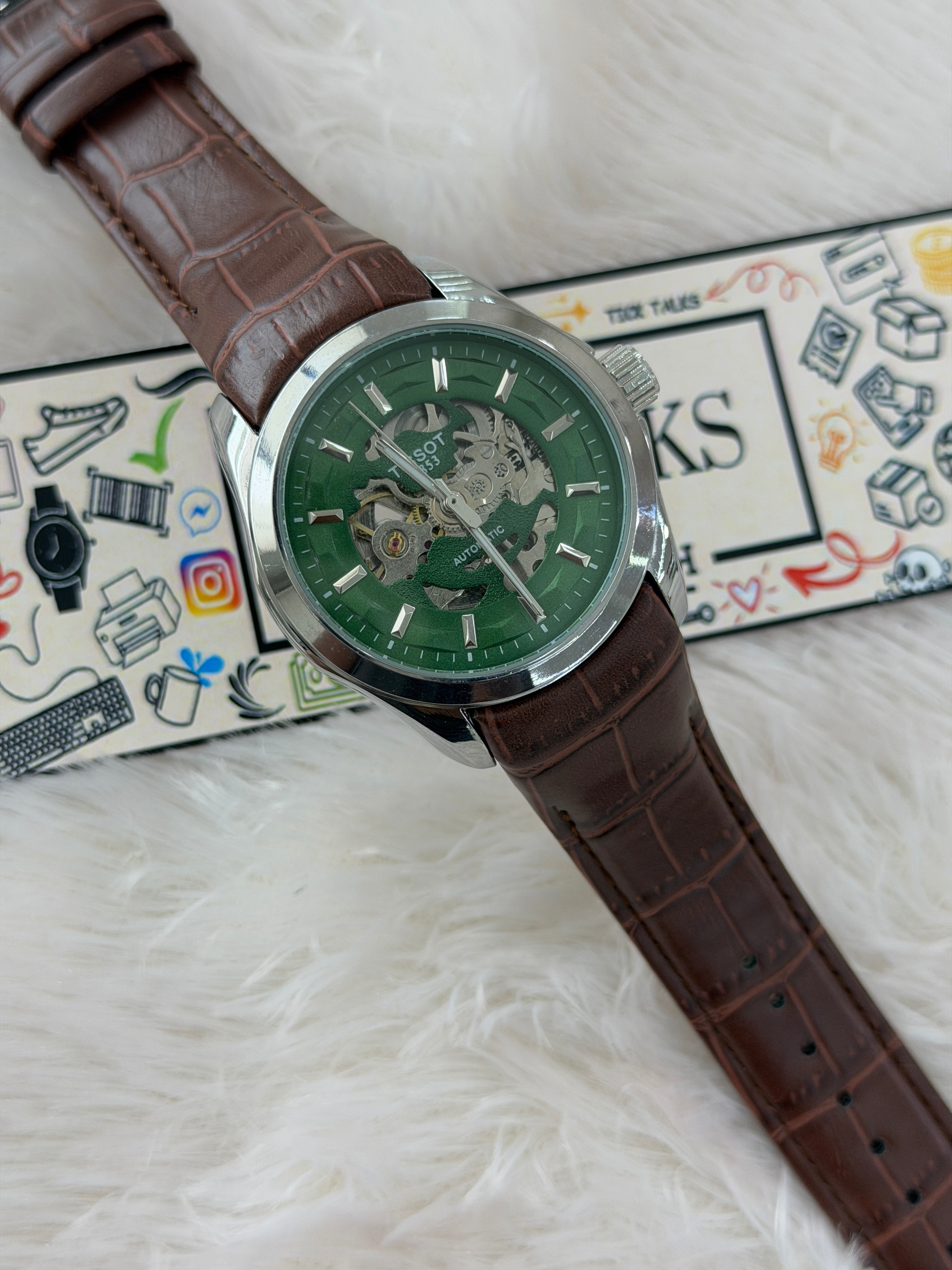 Premium Green Skeleton Dial Brown Leather Strap Watch – Men