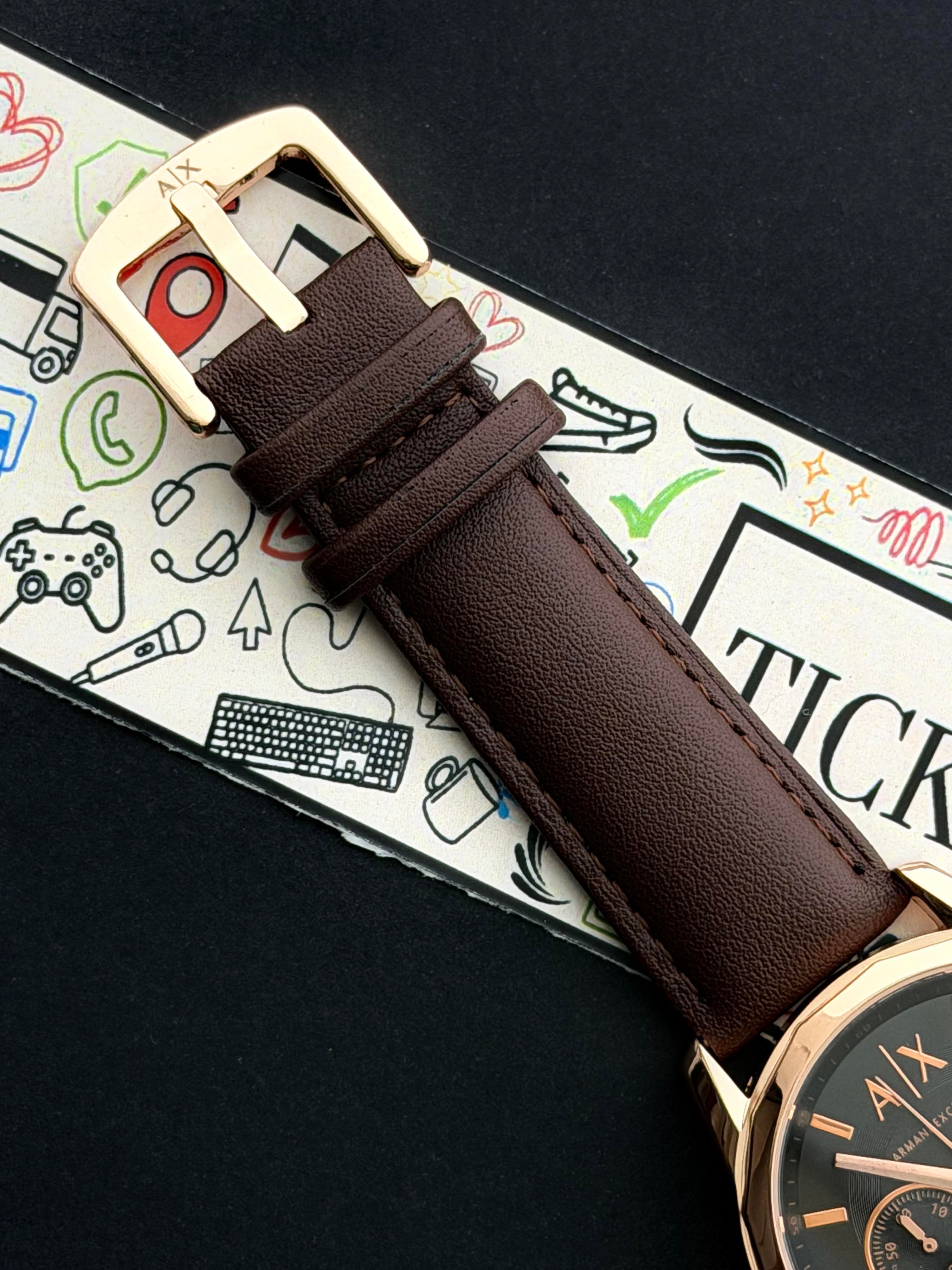 Premium Rose Gold Black Chronograph Leather Luxury Watch – Men