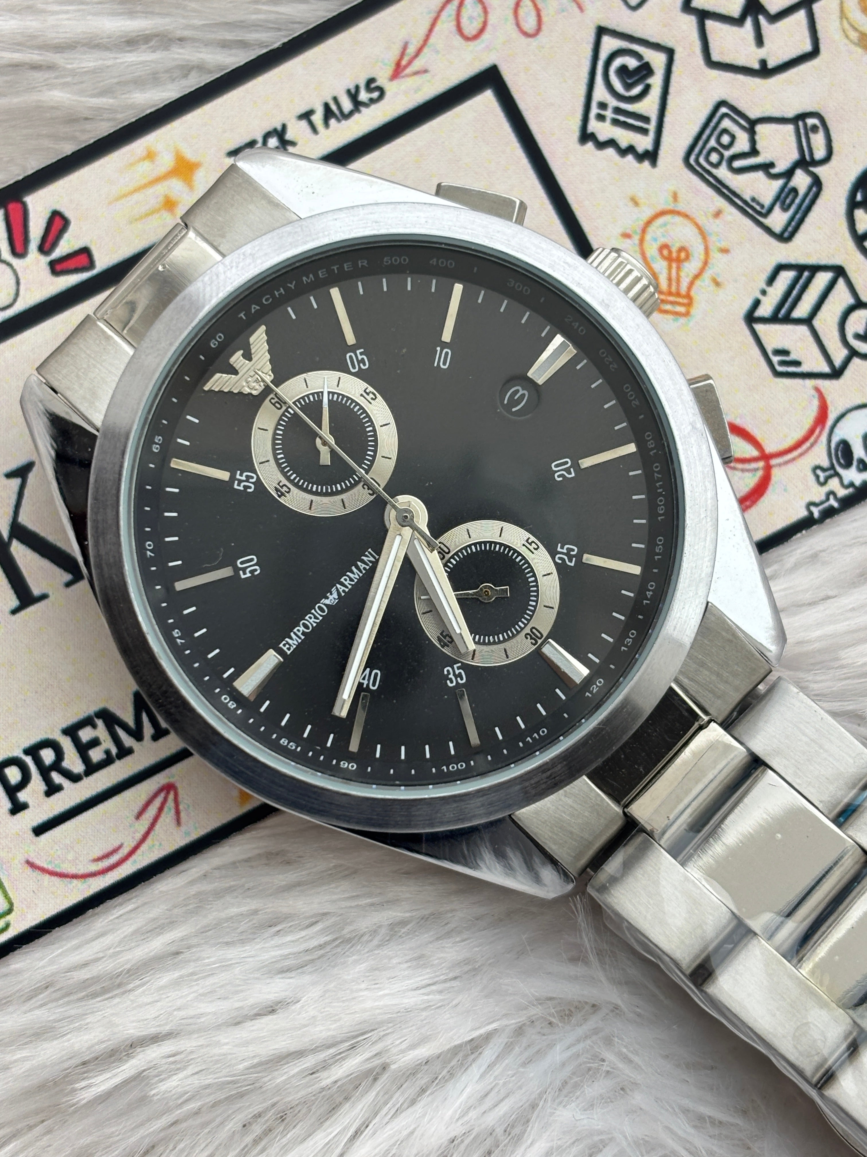 Premium Silver Chronograph Style Luxury Watch Black Dial – Men