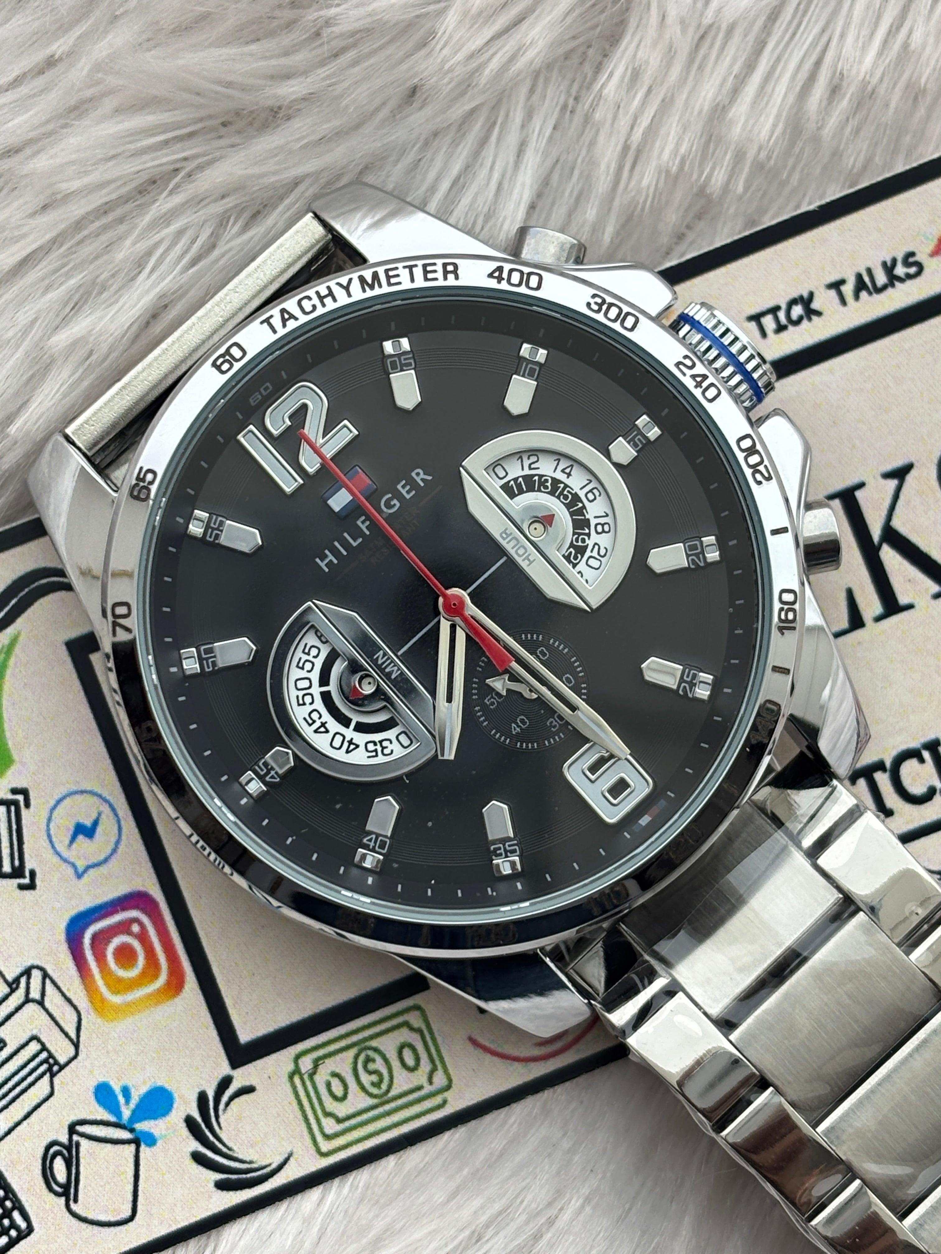 Premium Silver Multifunction Style Luxury Watch Black Dial Stainless Steel Bracelet – Men