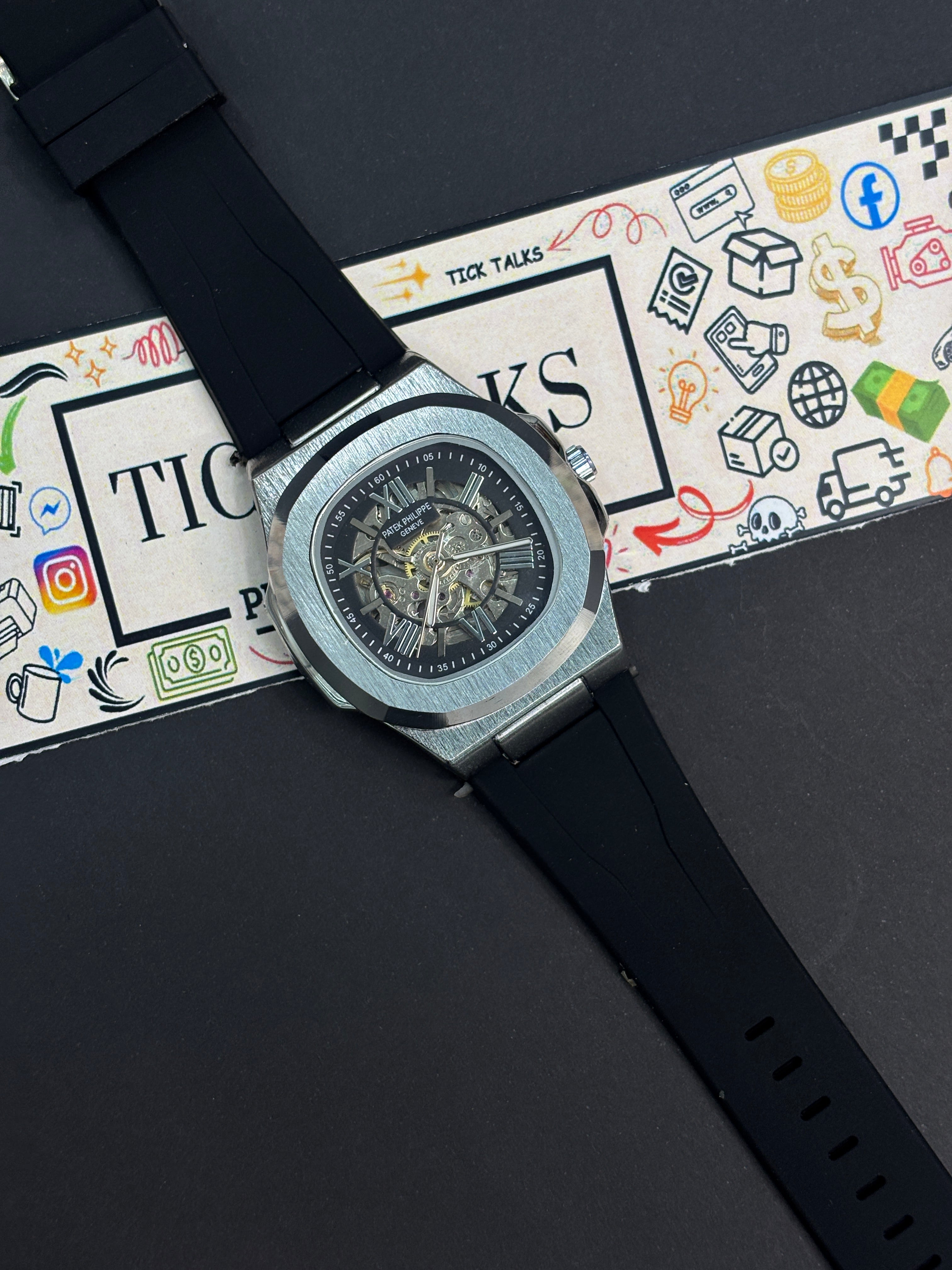 Premium Silver Skeleton Automatic Rubber Strap Luxury Watch – Men