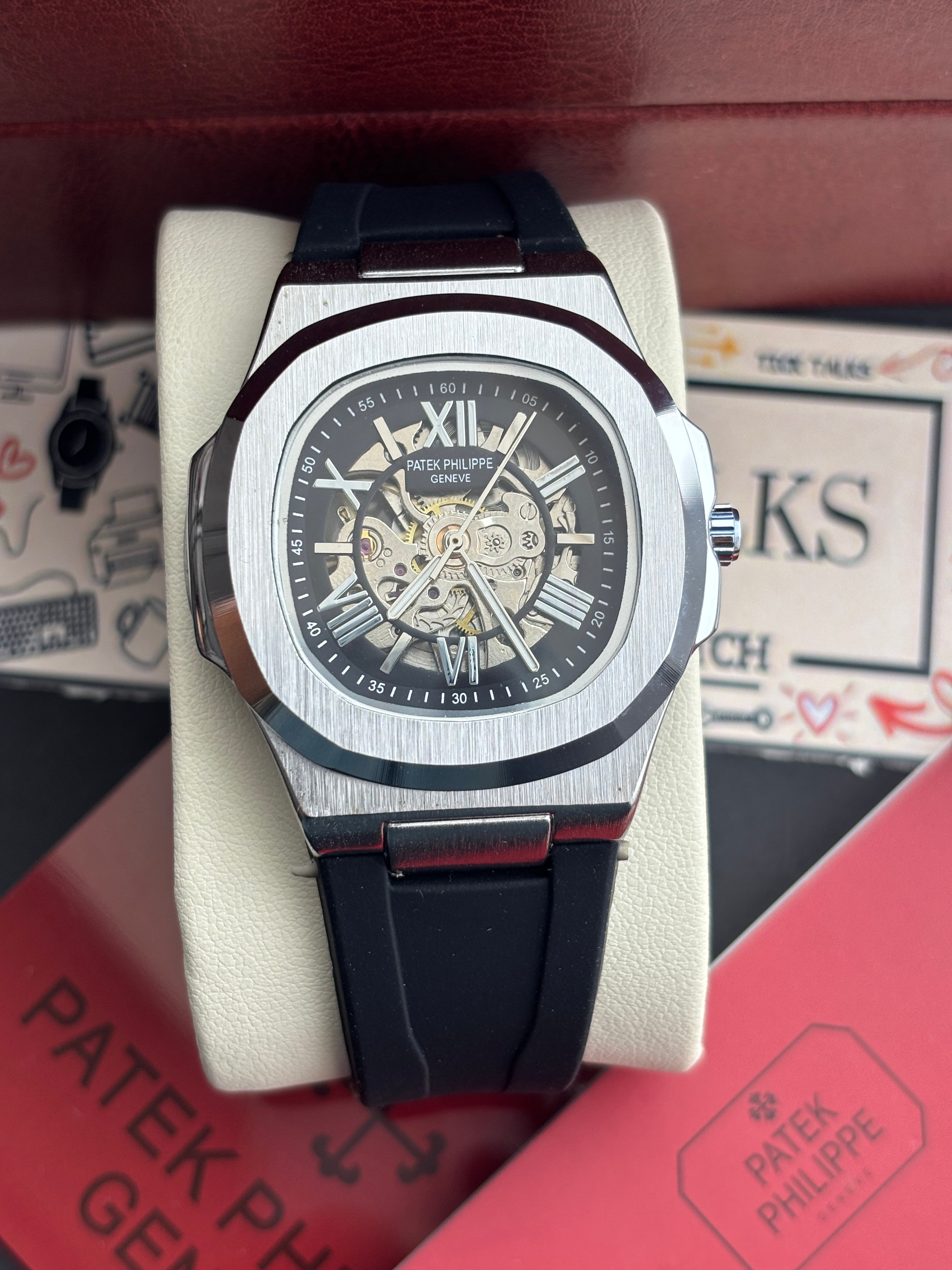 Premium Silver Skeleton Automatic Rubber Strap Luxury Watch – Men