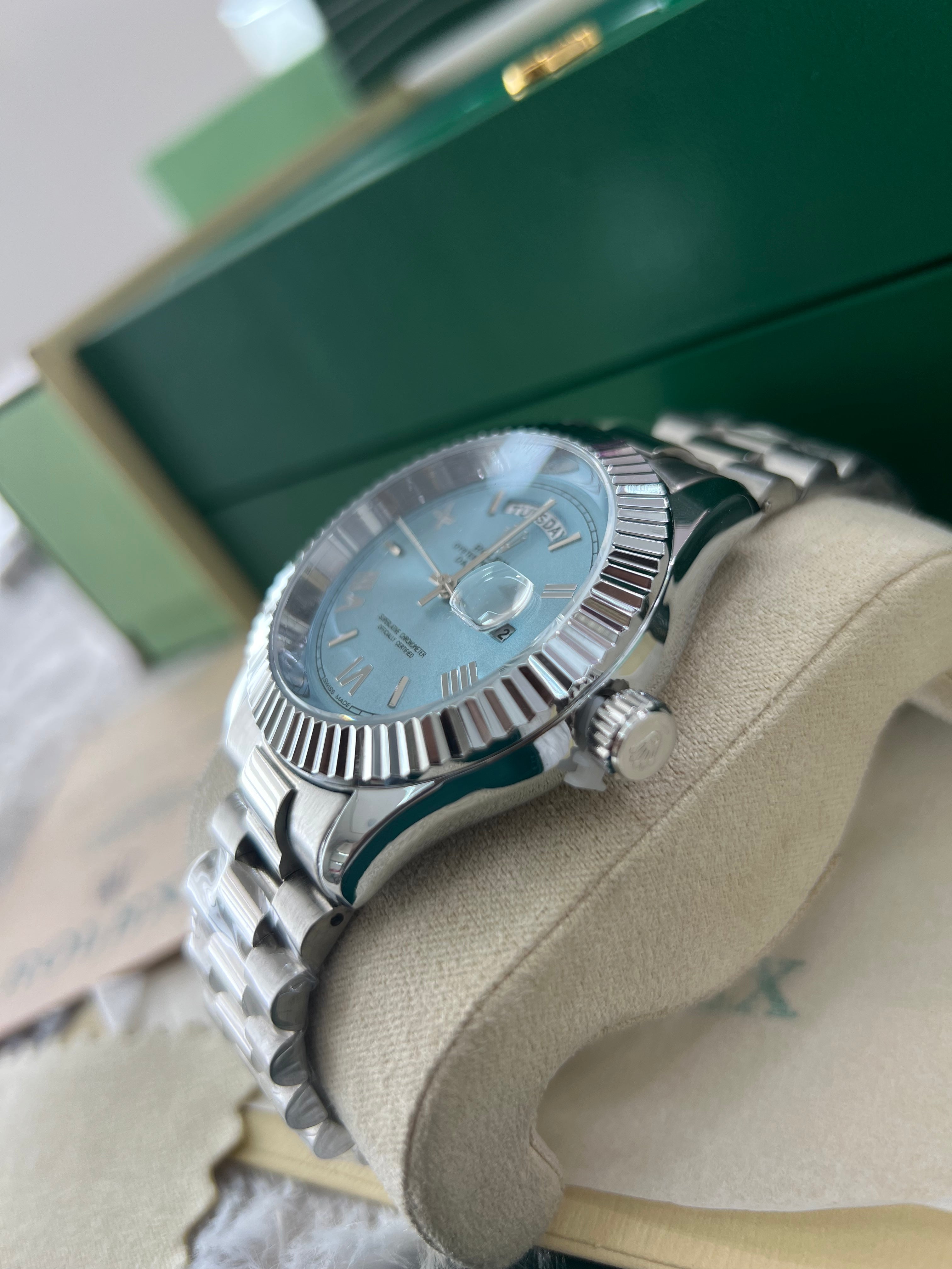 Ice Blue Fluted Steel Day-Date Watch