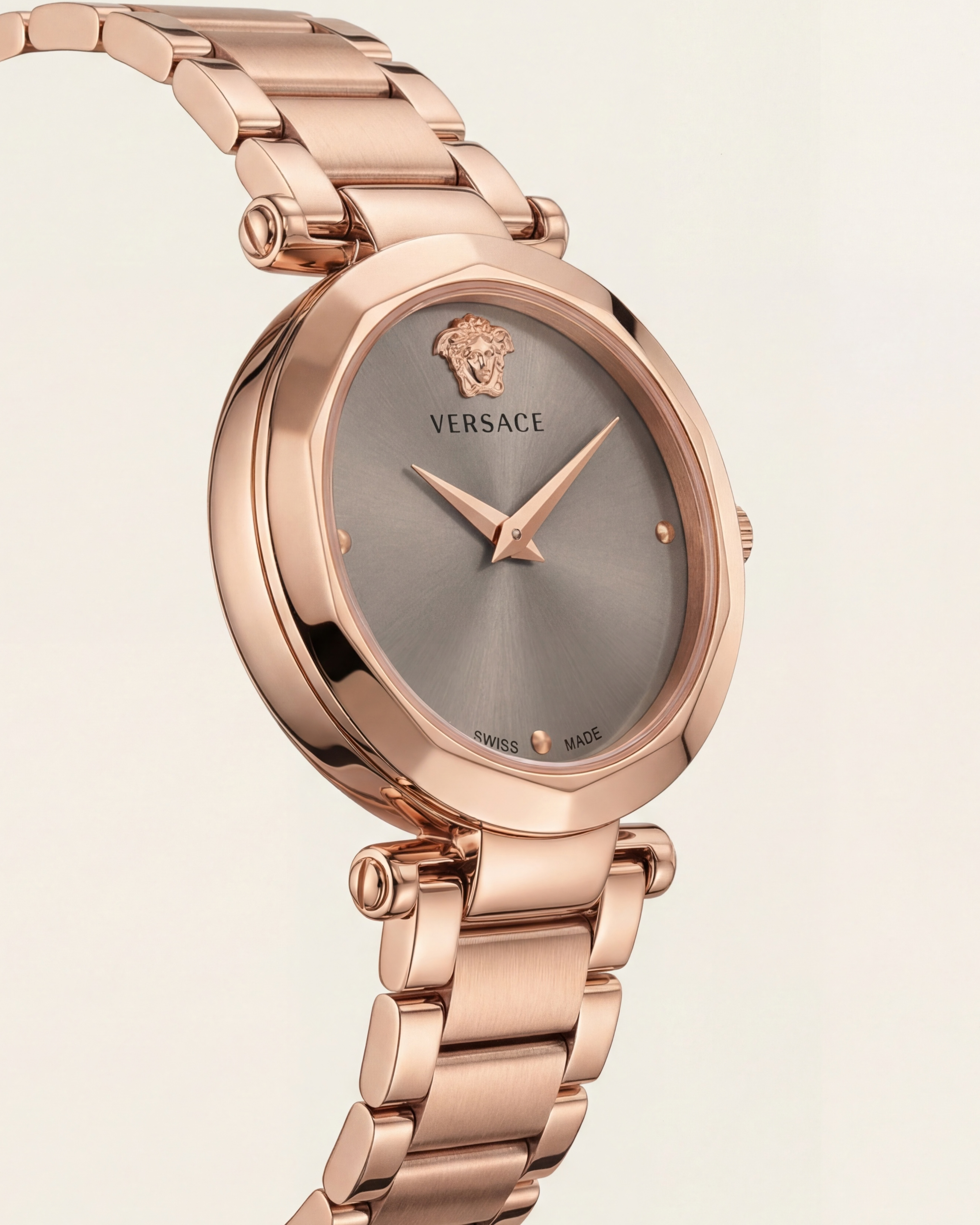 Rose Gold Stainless Steel Case Satin Silver Dial Luxury Medusa Bracelet Watch – Women