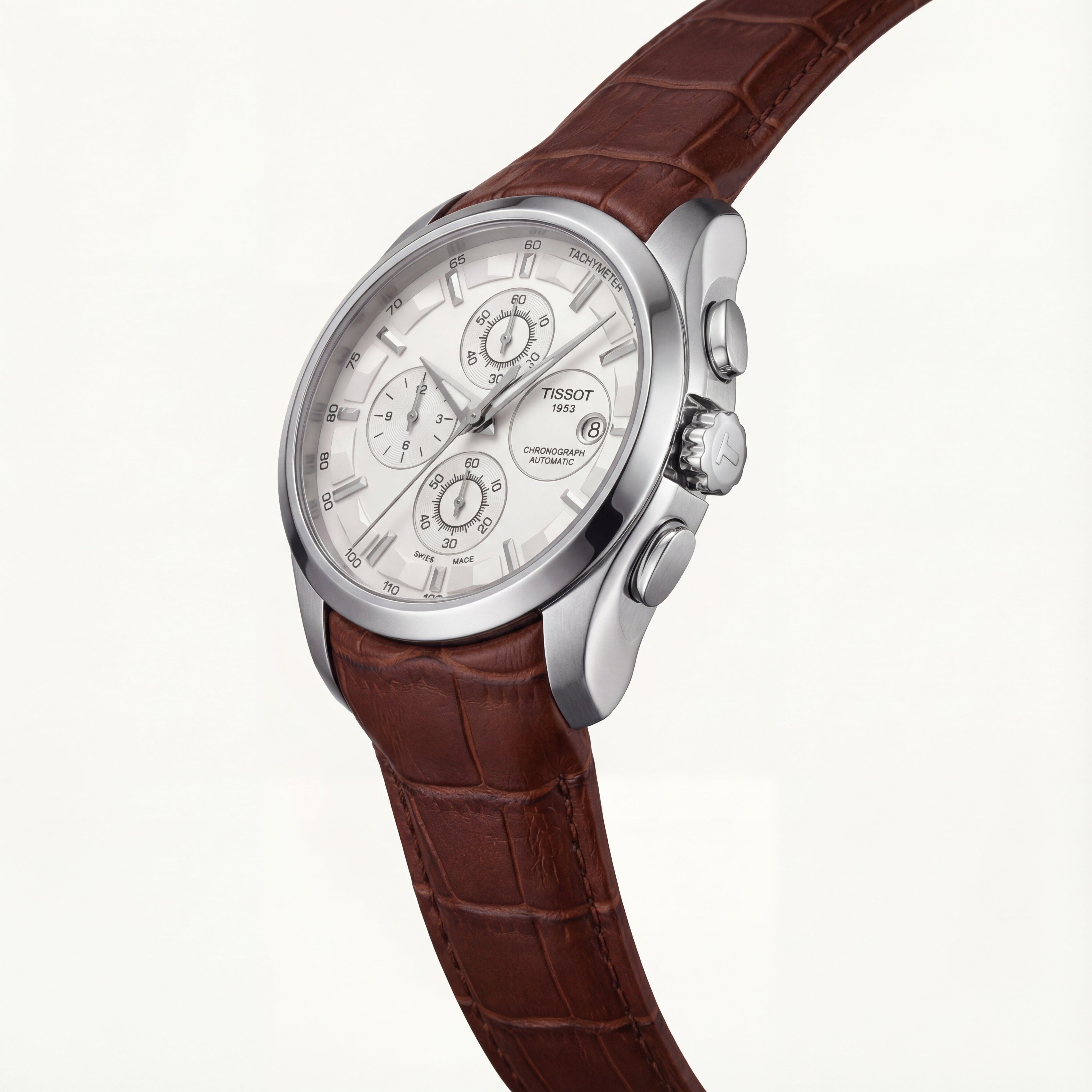 Classic Silver Chronograph Watch with White Dial & Brown Leather Strap
