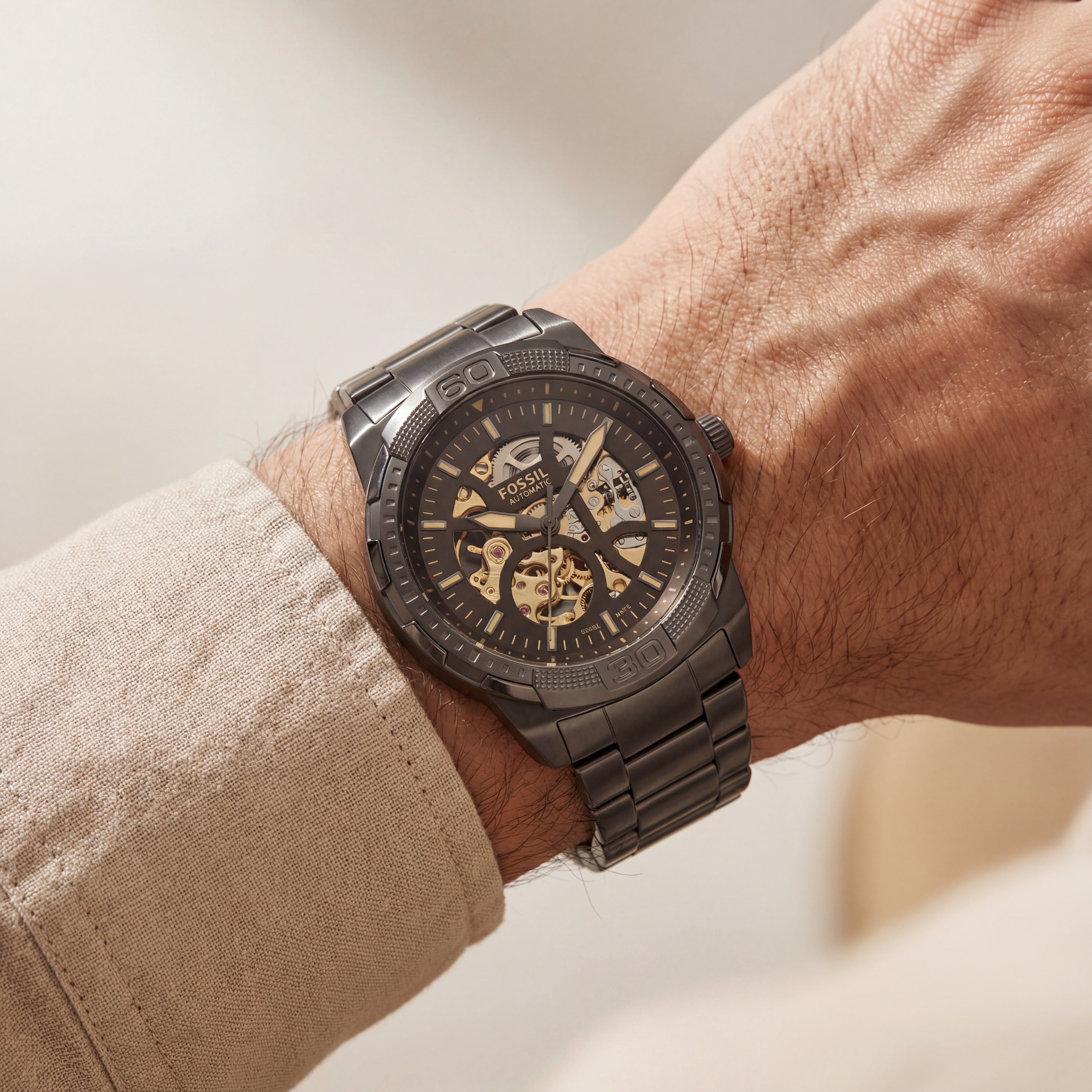 Black Skeleton Automatic Watch with Stainless Steel Bracelet
