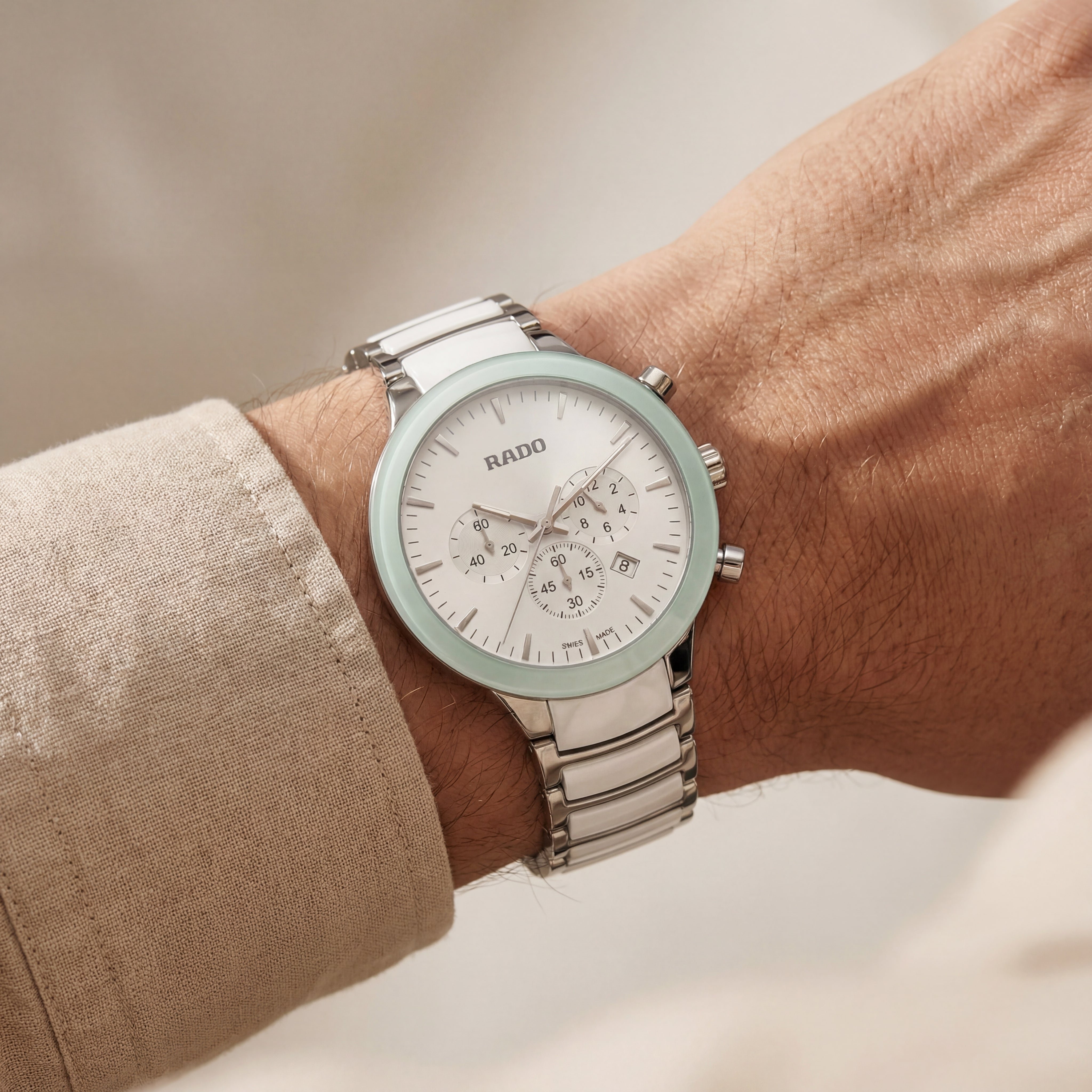 Luxury Chronograph Men’s Watch with White Dial & Mint Bezel