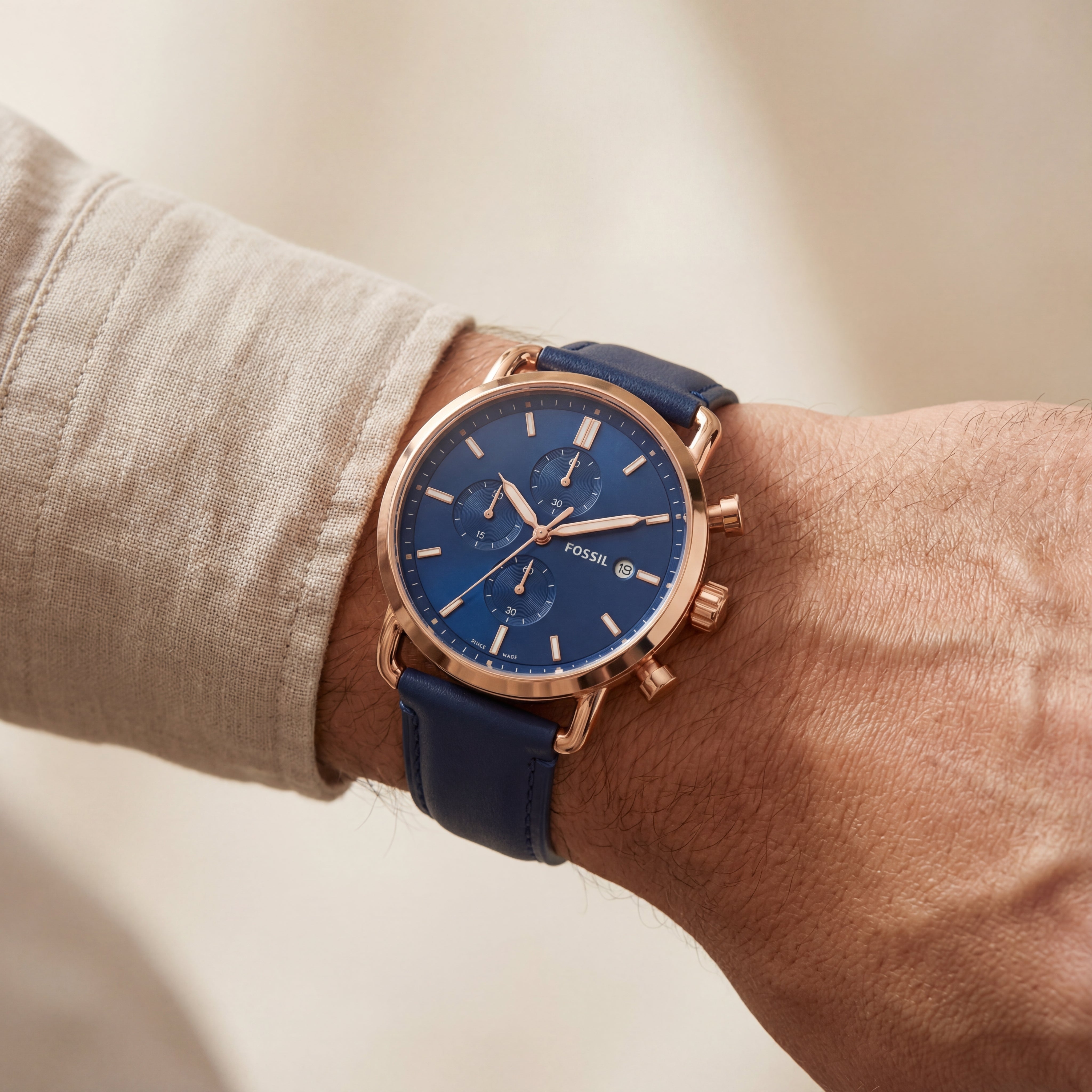 Royal Blue Chronograph Rose-Gold Leather Strap Men’s Watch