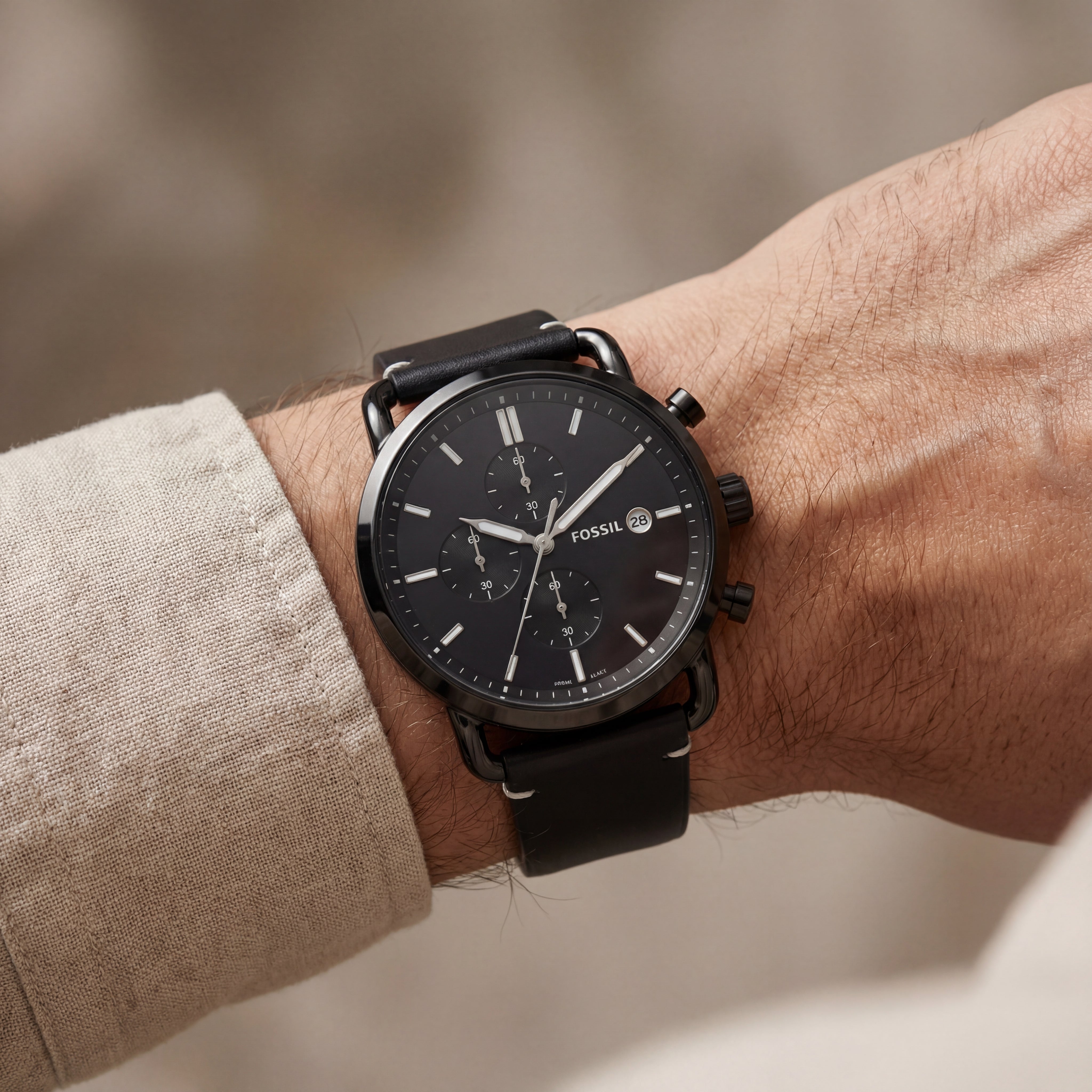 Matte Black Chronograph Leather Strap Men’s Watch